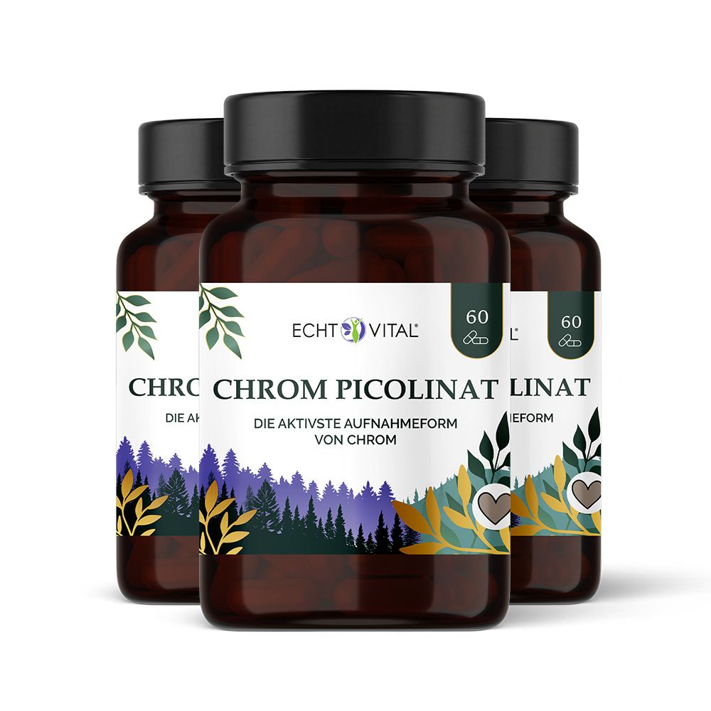Drei braune Flaschen mit schwarzem Deckel. Aufschrift: Echt Vital Chrom Picolinat. Etikett mit Logo und Produktinformationen.