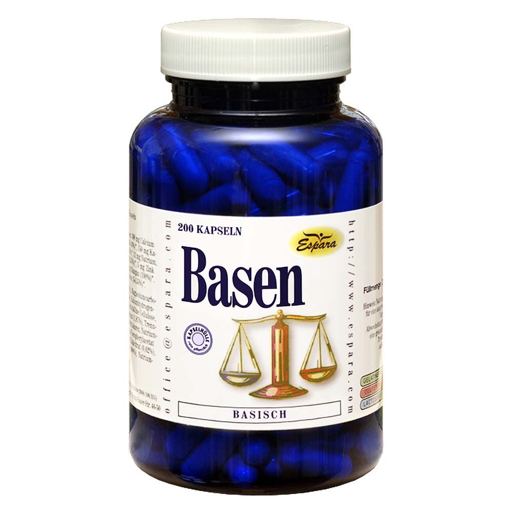 Blaue Kapseln in einer blauen Plastikflasche mit weißem Deckel. Aufschrift: Espara Basen, 200 Kapseln. Waage-Symbol.
