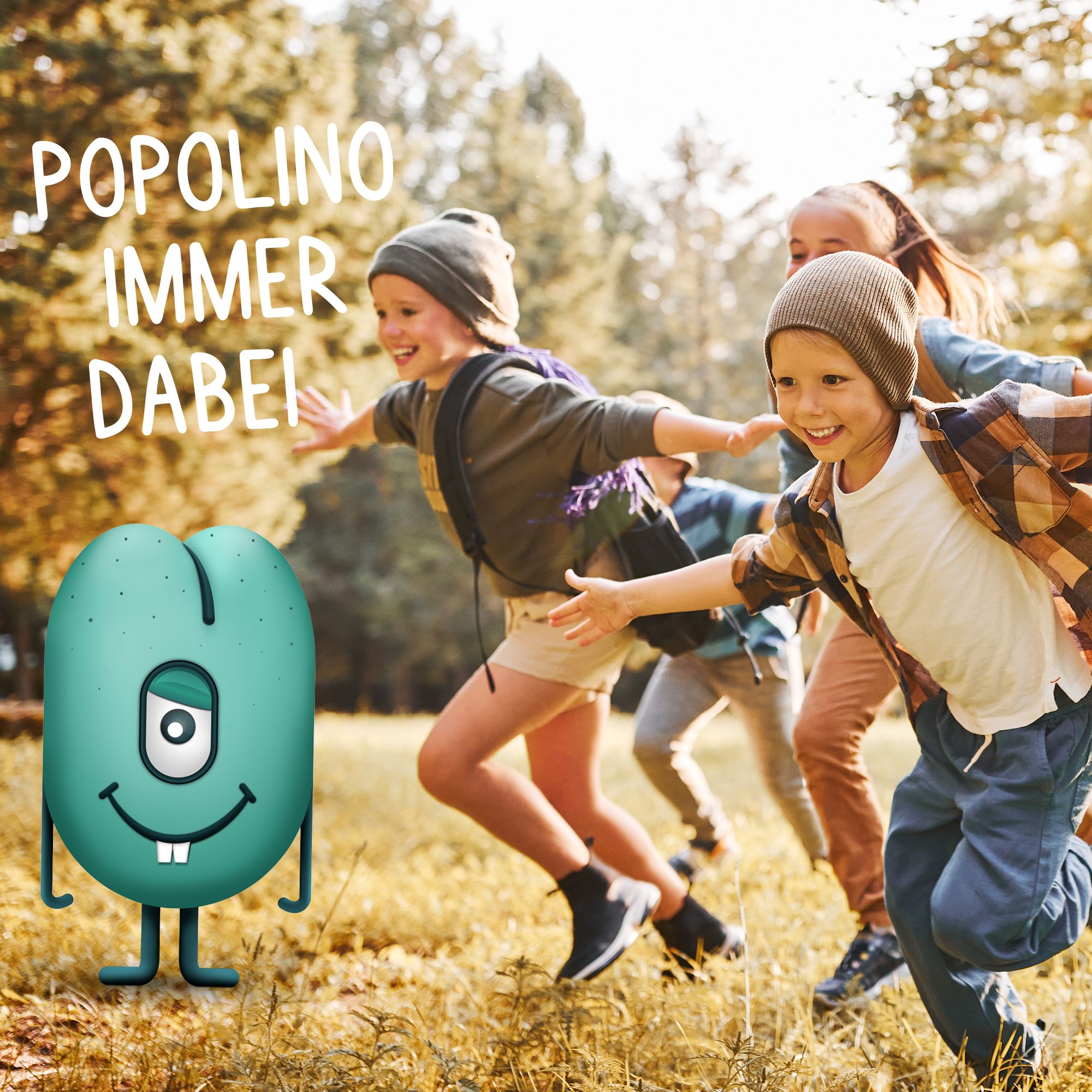 Kinder rennen. Text: Popolino immer dabei!