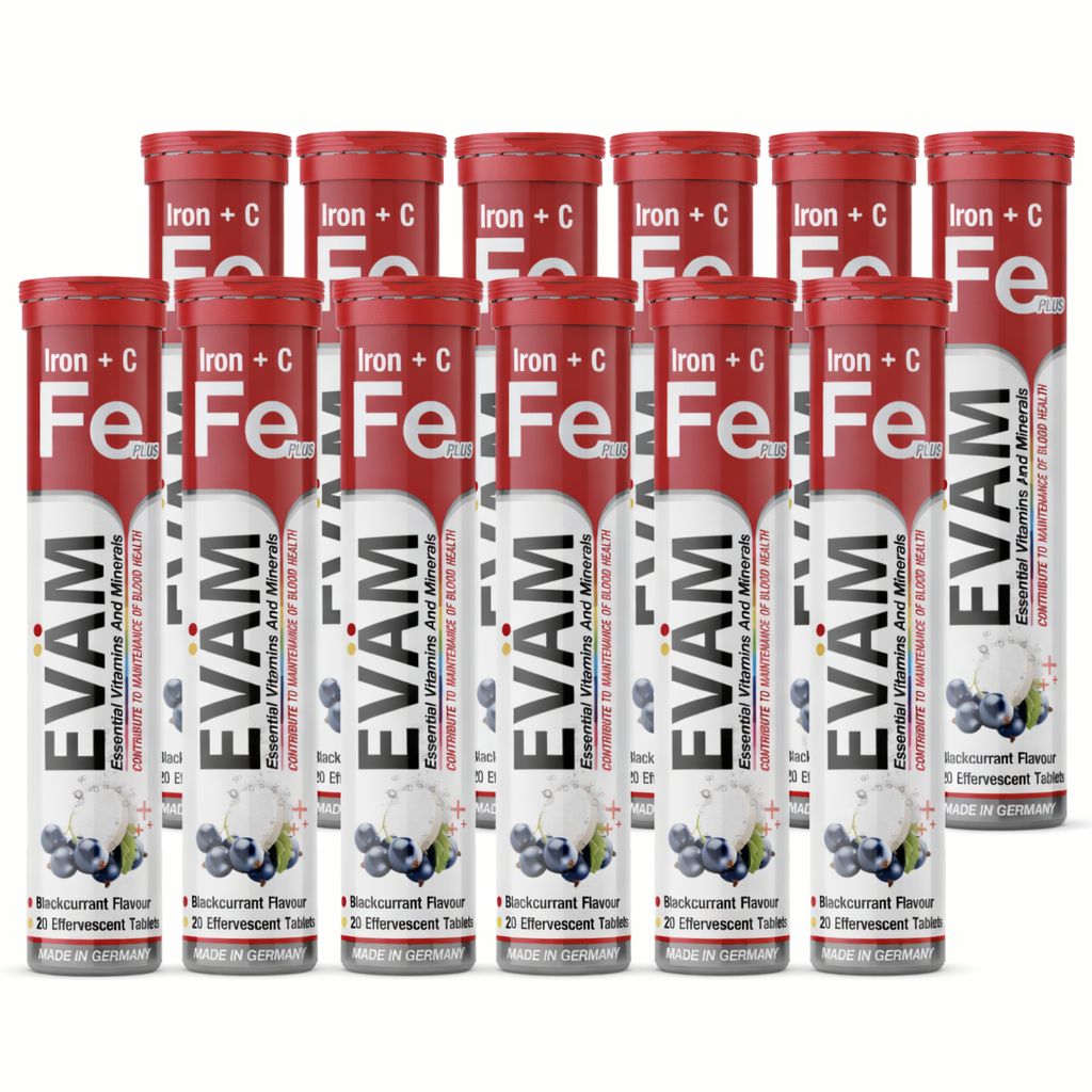 Mehrere Tuben EVÄM Eisen + Vitamin C. Rote Deckel, weiße Röhren mit Text und Abbildung von Johannisbeeren. 21 Brausetabletten.