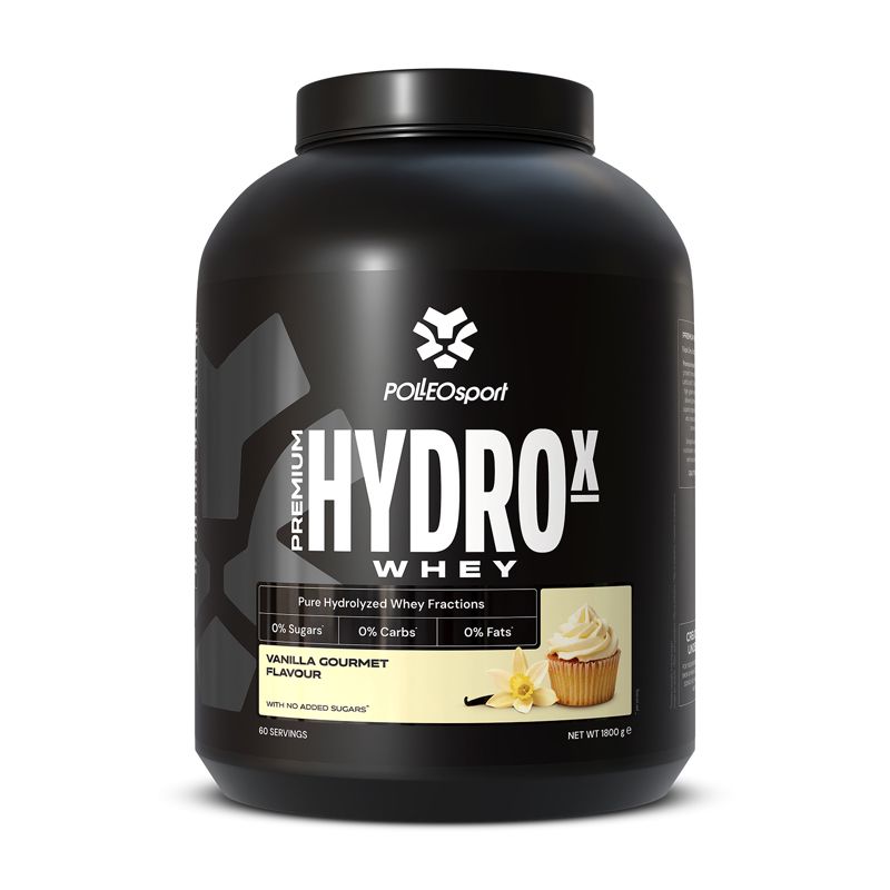 Schwarze Dose mit weißem Aufdruck. Aufschrift HYDROX WHEY, PolleoSport Logo. Geschmack: Vanille. Enthält keine Zucker, Kohlenhydrate oder Fette.