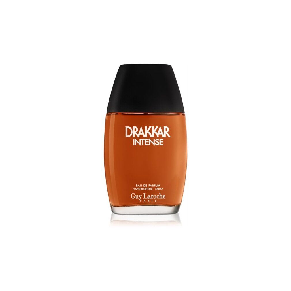 Drakkar Intense Eau de Parfum Spray. Flakon mit schwarzem Deckel. Orange Flüssigkeit. Guy Laroche Logo.