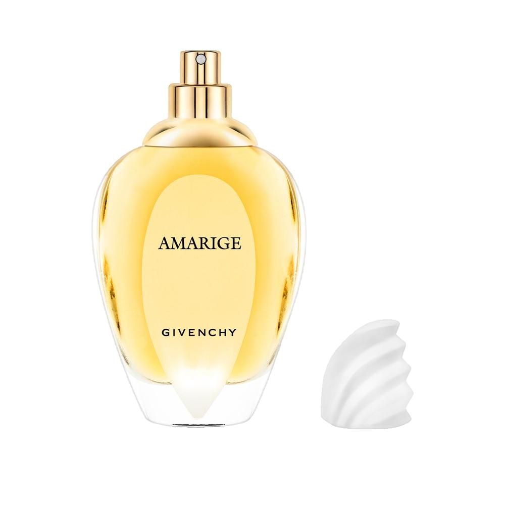 Parfümflakon mit gelber Flüssigkeit. Aufschrift "AMARIGE" und "GIVENCHY". Weißer Verschluss daneben.
