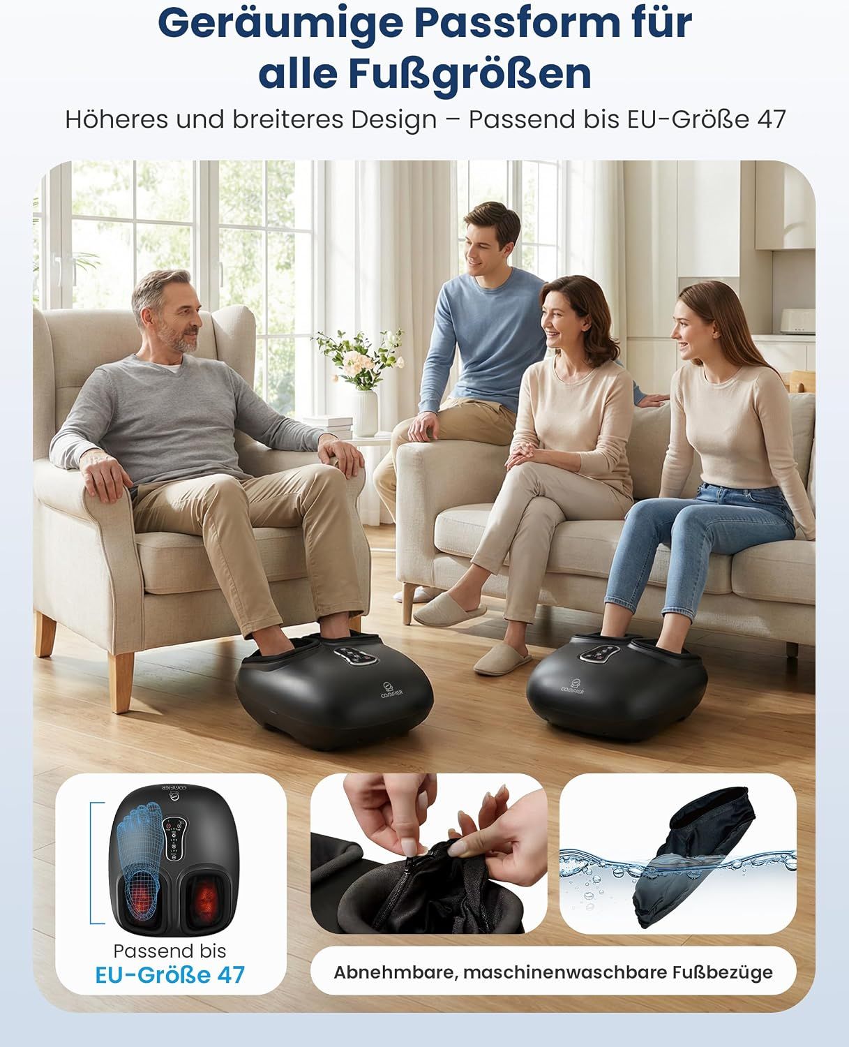 Schwarzes Fußmassagegerät mit abnehmbaren, waschbaren Bezügen. Passend bis EU-Größe 47.