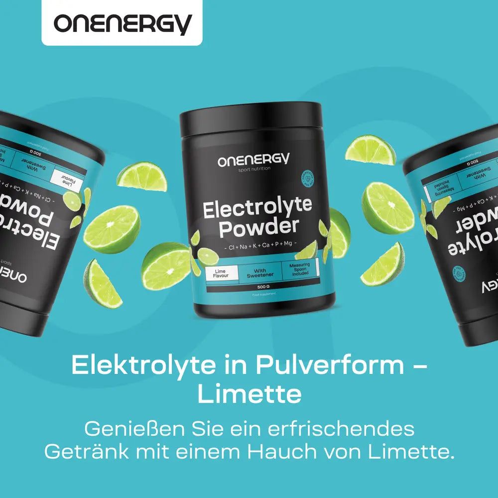 Drei Dosen "ONEENERGY Electrolyte Powder" mit Limettenstücken. Text: "Elektrolyte in Pulverform - Limette".