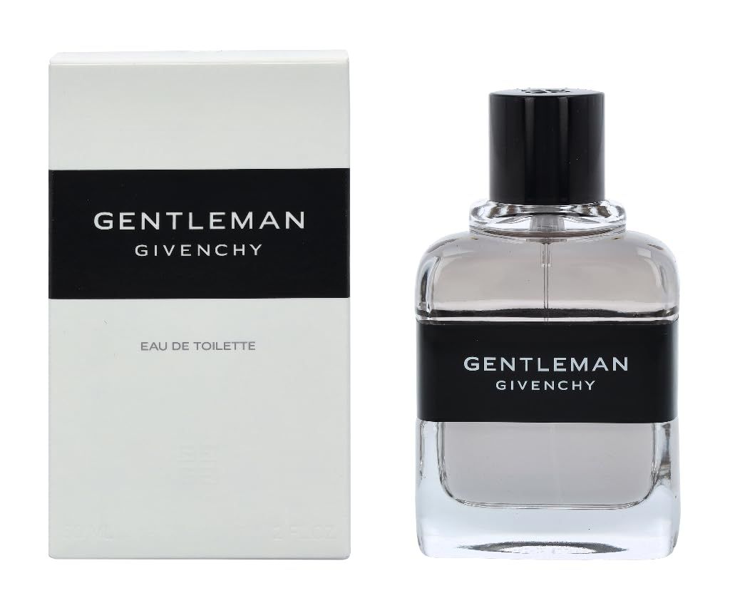 Givenchy Gentleman Eau de Toilette Flakon und Verpackung. Weißer Karton mit schwarzem Band. Flakon mit schwarzem Verschluss.