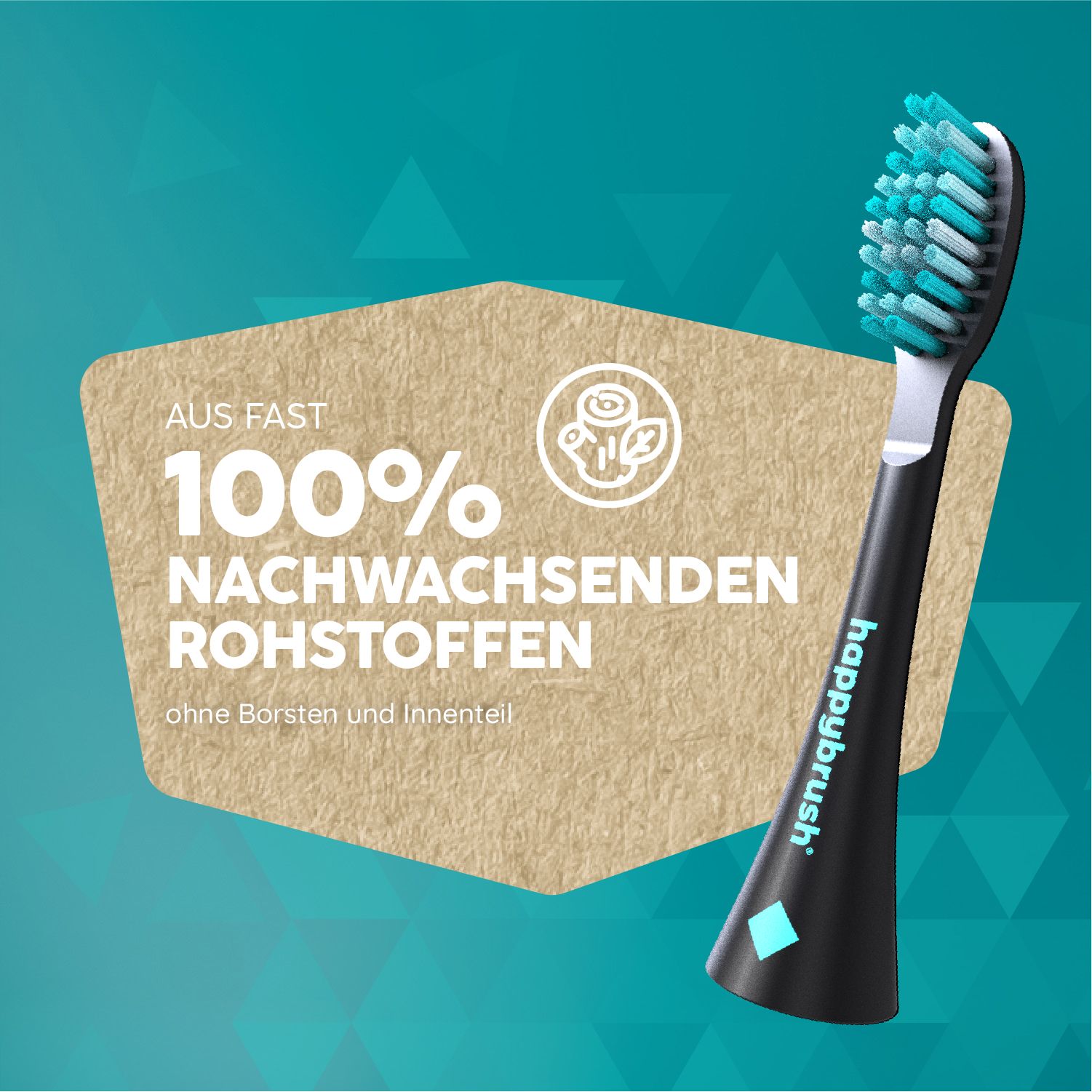 Zahnbürste mit schwarzem Griff und grünen Borsten. Text: Aus fast 100% nachwachsenden Rohstoffen. Logo und Text auf braunem Hintergrund.