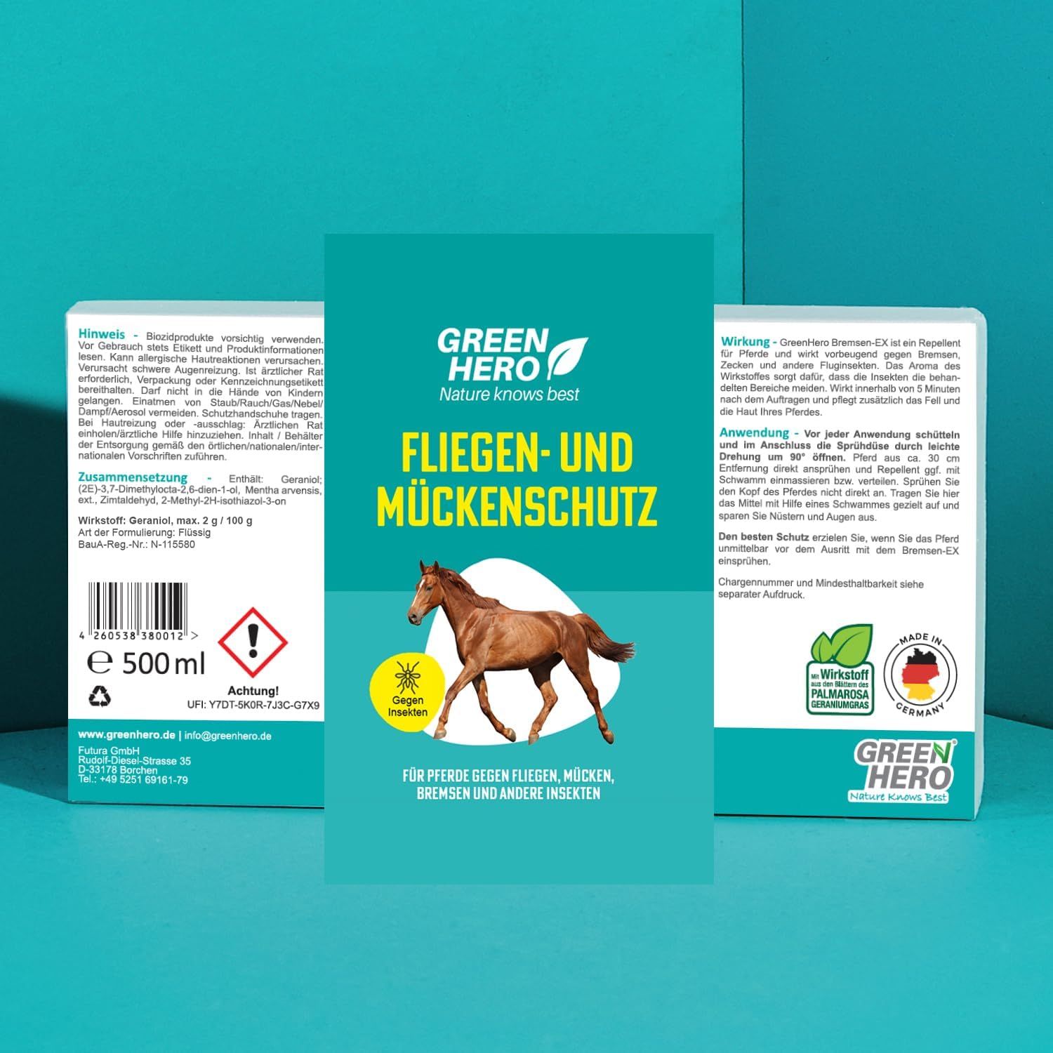 Produktverpackung mit Sprühflasche. Text: GREEN HERO, Fliegen- und Mückenschutz. Abbildung eines Pferdes. Text: Für Pferde gegen Fliegen, Mücken...