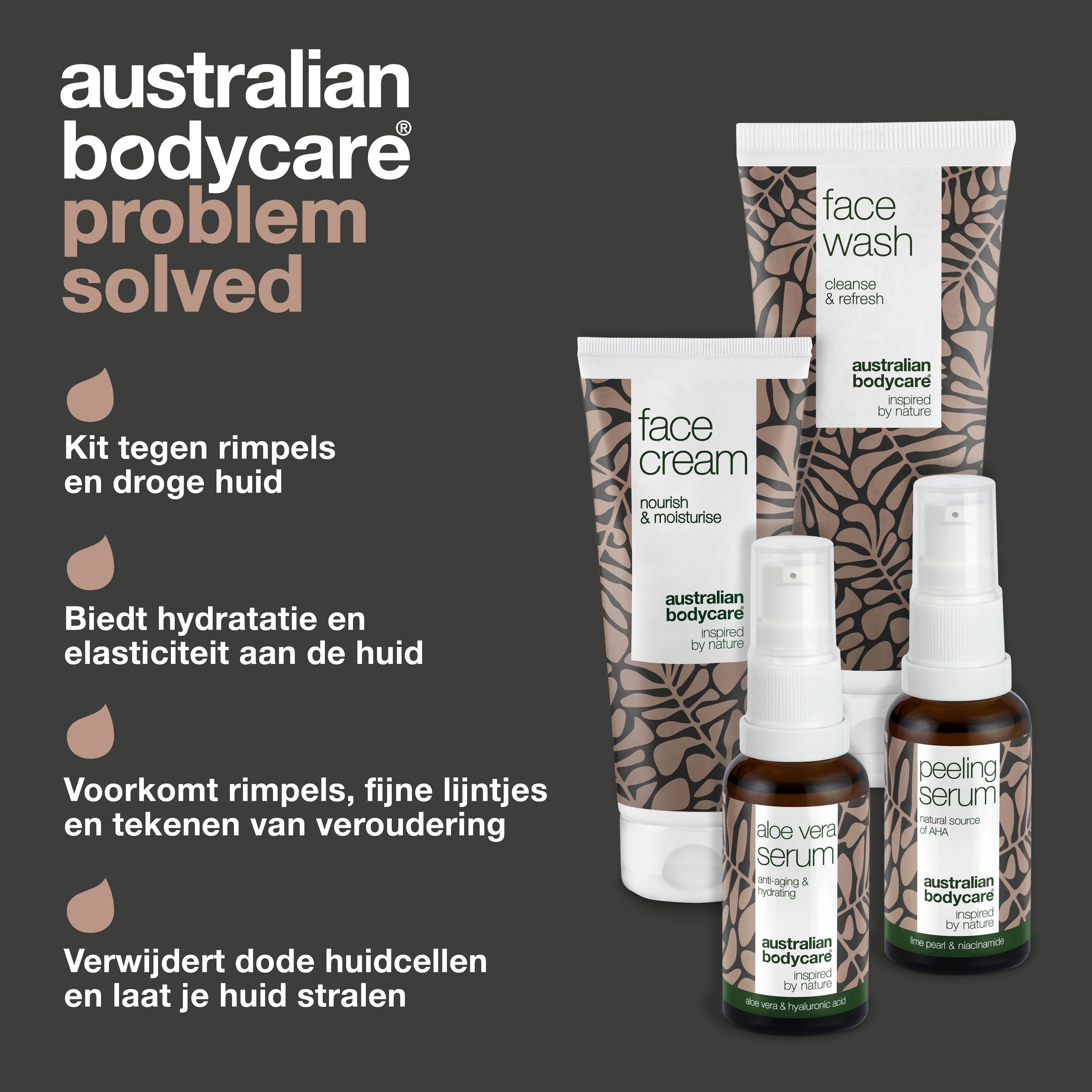 Australian Bodycare producten: Face Wash, Face Cream, Peeling Serum, Aloe Vera Serum. Tekst: Probleem opgelost.