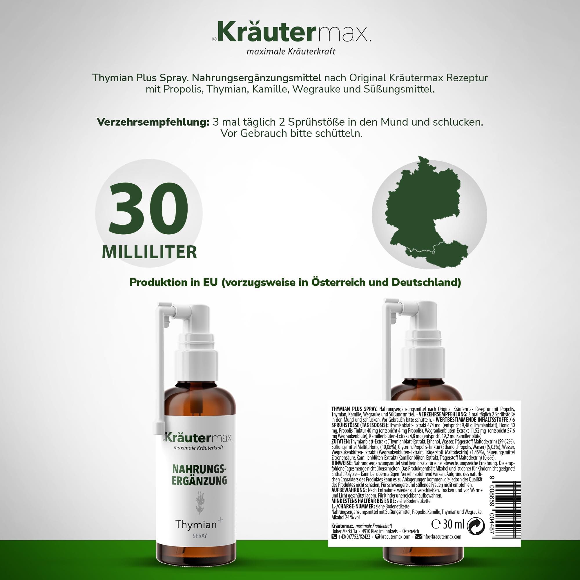 Produktabbildung mit Text. Flasche mit Sprühkopf, 30 ml. Text: Nahrungsergänzungsmittel, Thymian Plus Spray. Hergestellt in EU.