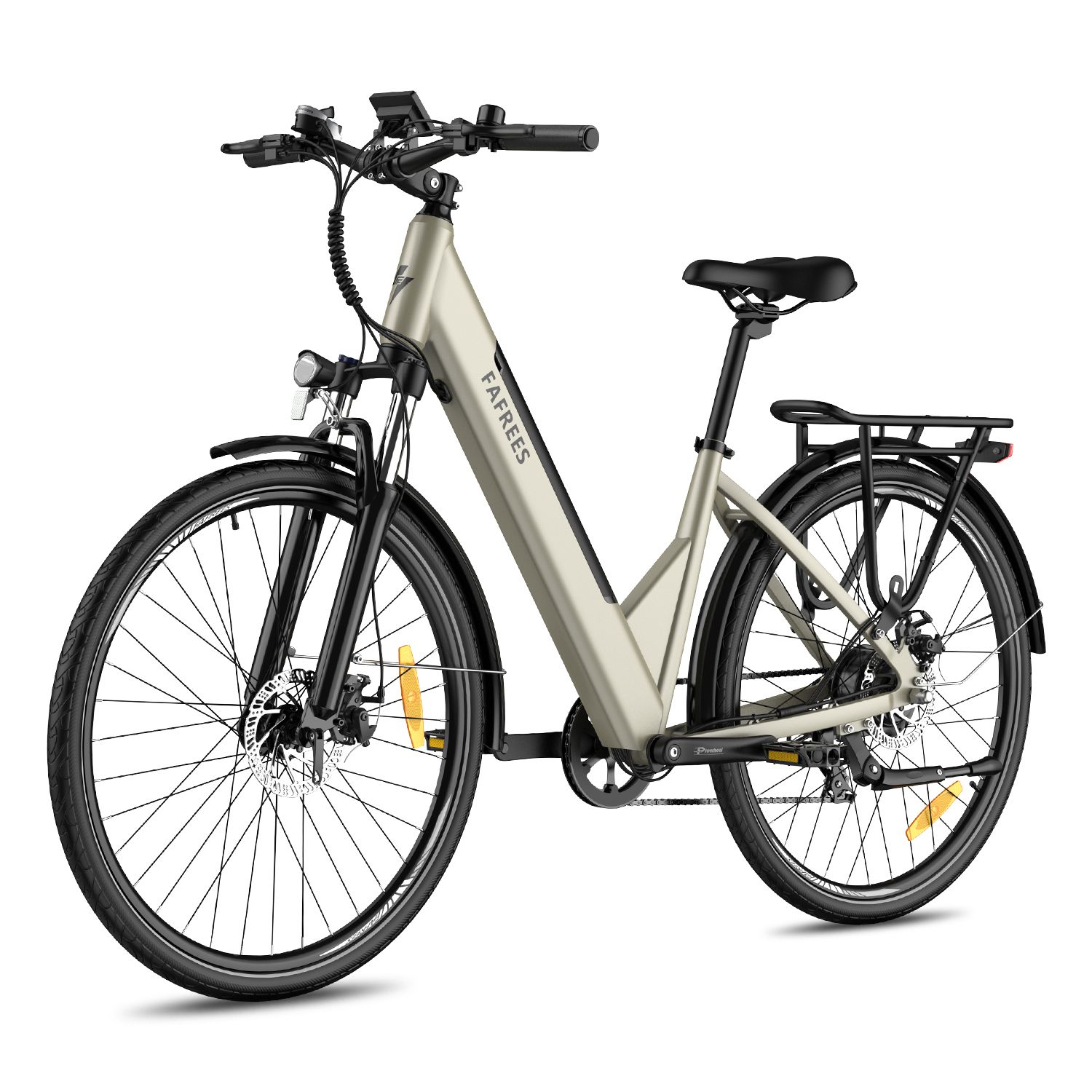Fafrees F28 Pro E-Bike, beige, schwarze Details. Gepäckträger, Schutzbleche, CST-Reifen. Marke sichtbar.