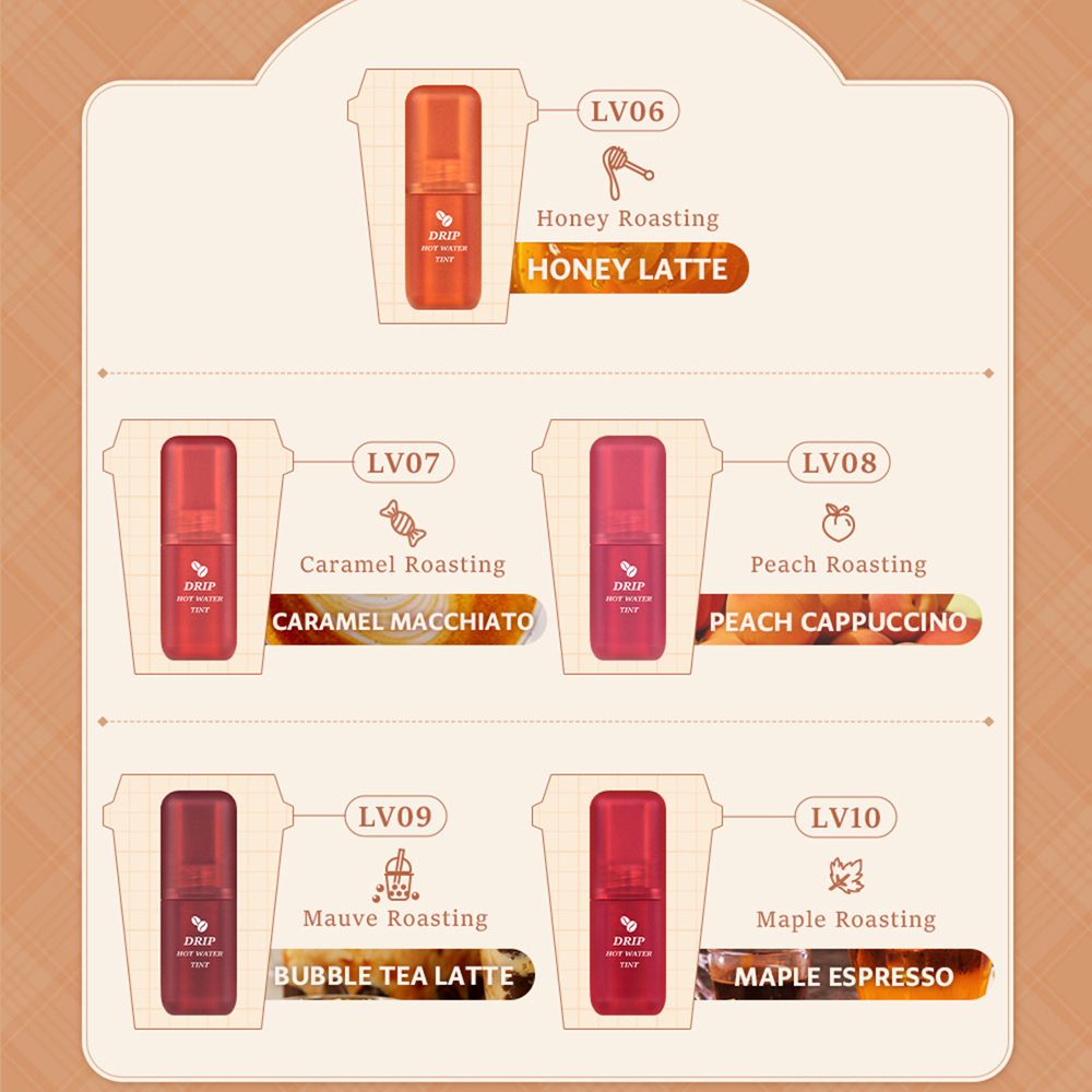 Produktübersicht mit Lip Tints in verschiedenen Farben. Text: LV06, LV07, LV08, LV09, LV10. Abbildungen von Produkten.
