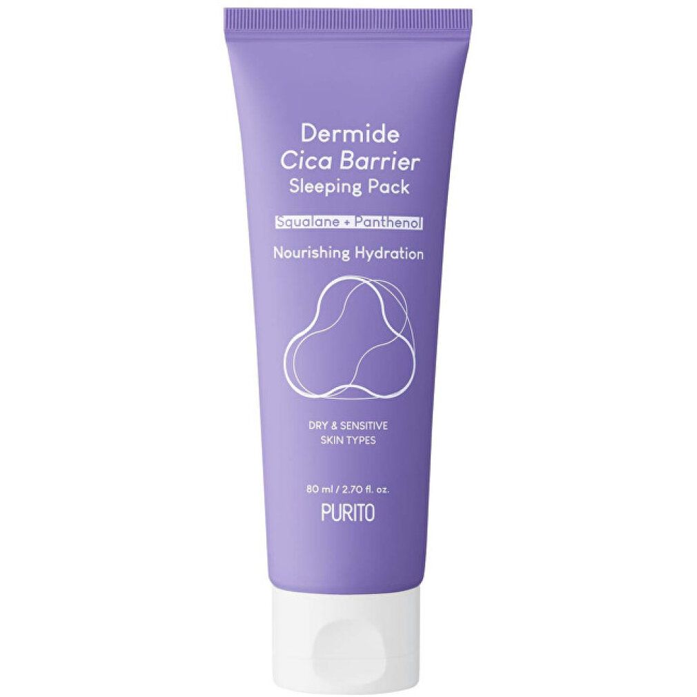 Eine Tube Purito Dermide Cica Barrier Sleeping Pack mit weißem Deckel und lila Körper, vorne mit Produktinformationen.