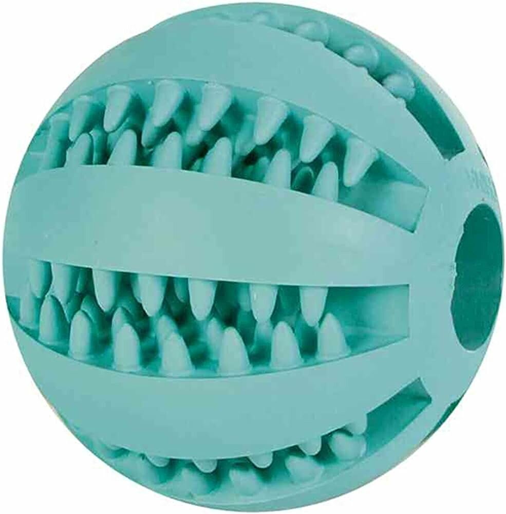 Hellblauer Ball mit zahnartigen Vorsprüngen und Öffnungen. Naturgummi-Spielzeug für Hunde.
