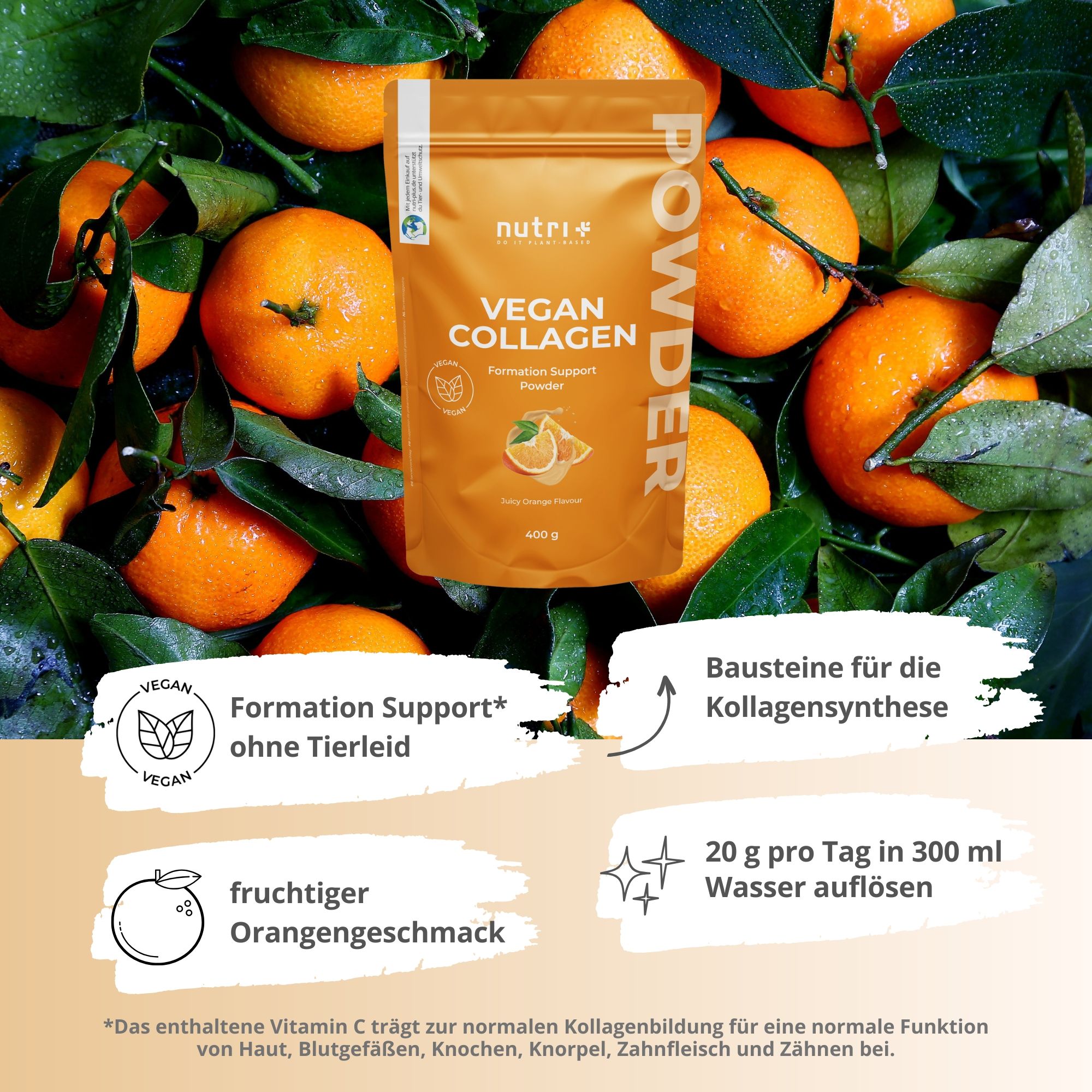 nutri+ Vegan Collagen Pulver in einem Beutel, umgeben von frischen Orangen, mit Hinweisen zur Anwendung.