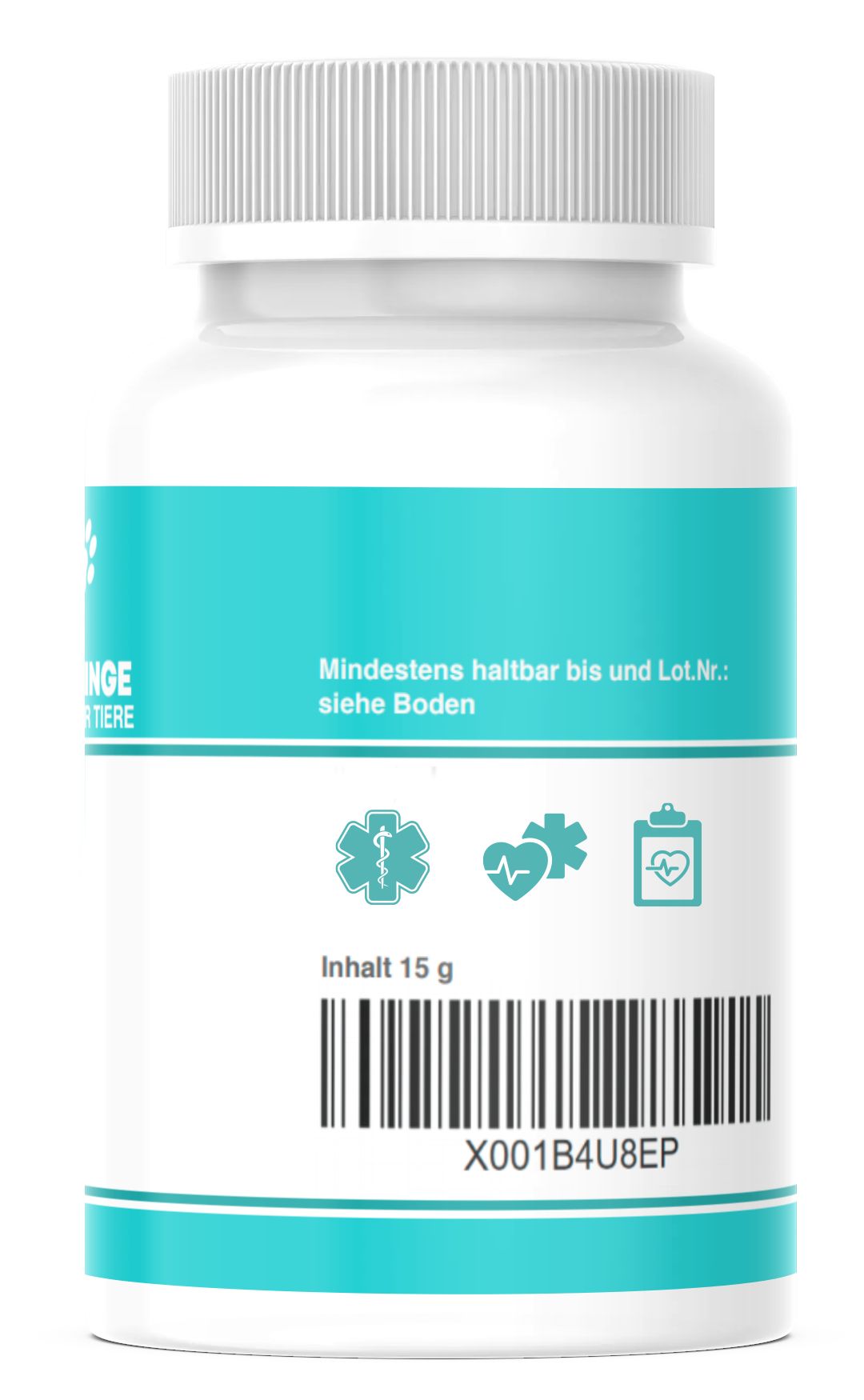 Flasche mit Etikett. Enthält 15 g. Barcode und Text: Mindestens haltbar bis... siehe Boden.