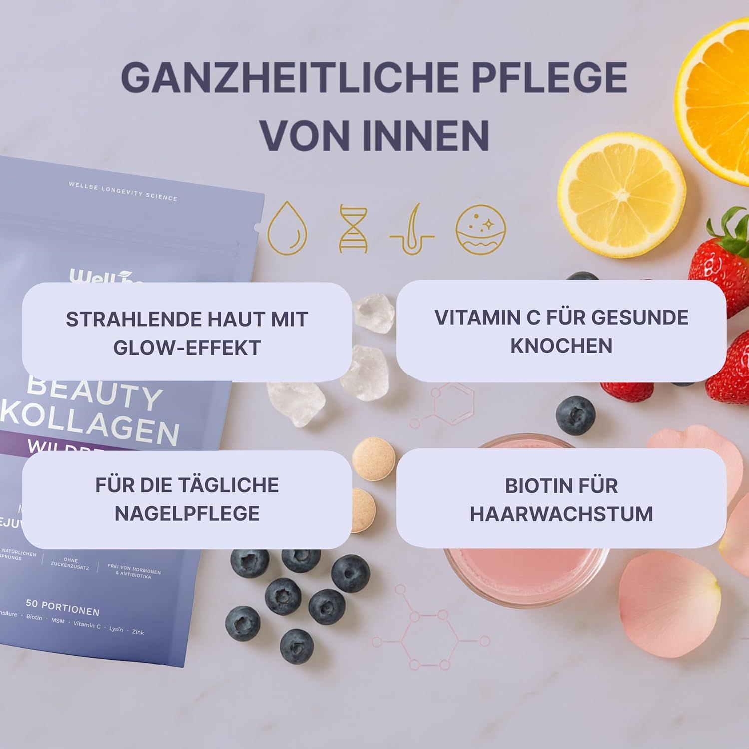 Wellbe Beauty Kollagen mit Früchten. Text: Strahlende Haut, gesunde Knochen, Nägel, Haar.