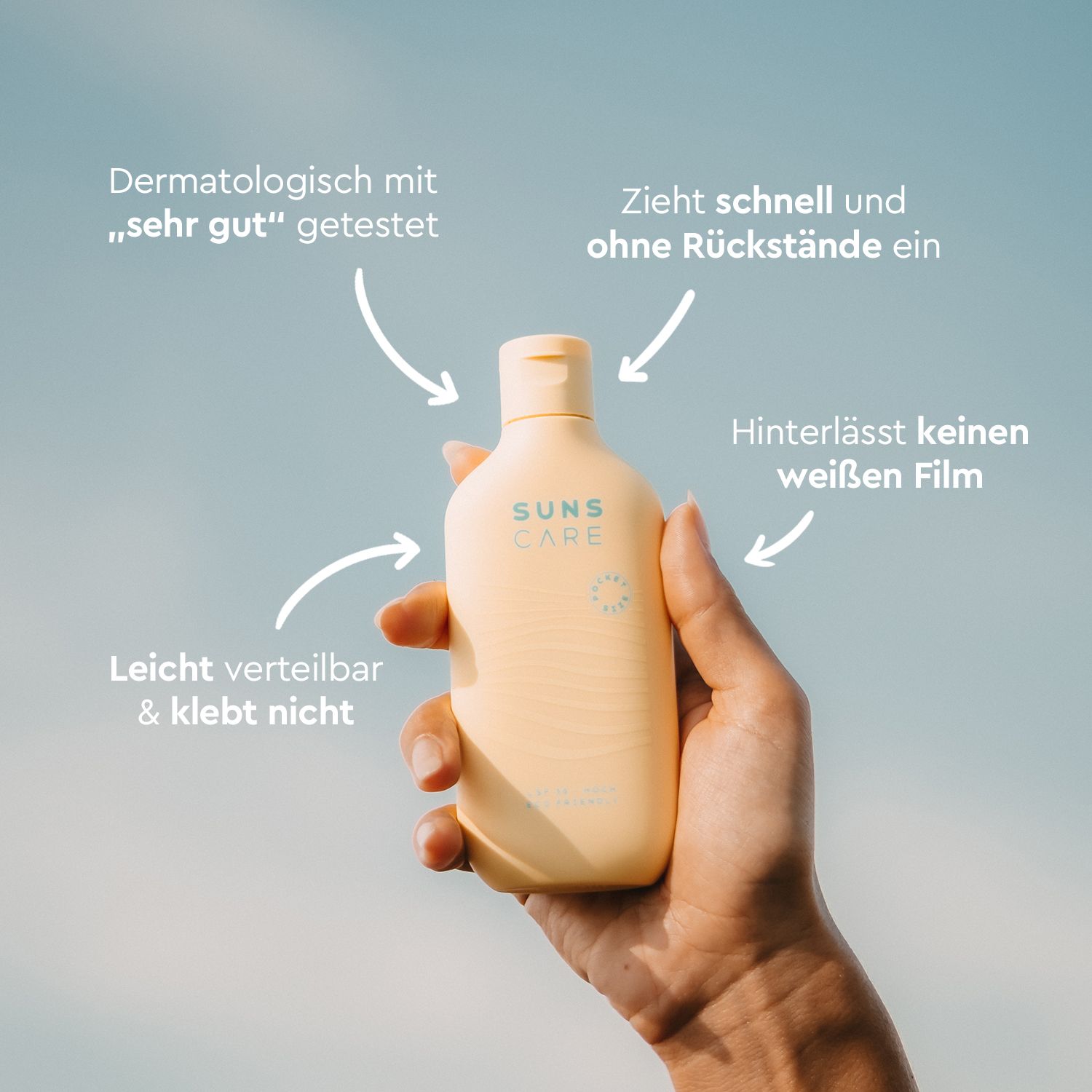 Hand hält gelbe SUNS CARE-Flasche. Text: Dermatologisch getestet, zieht schnell ein, hinterlässt keinen weißen Film, klebt nicht.