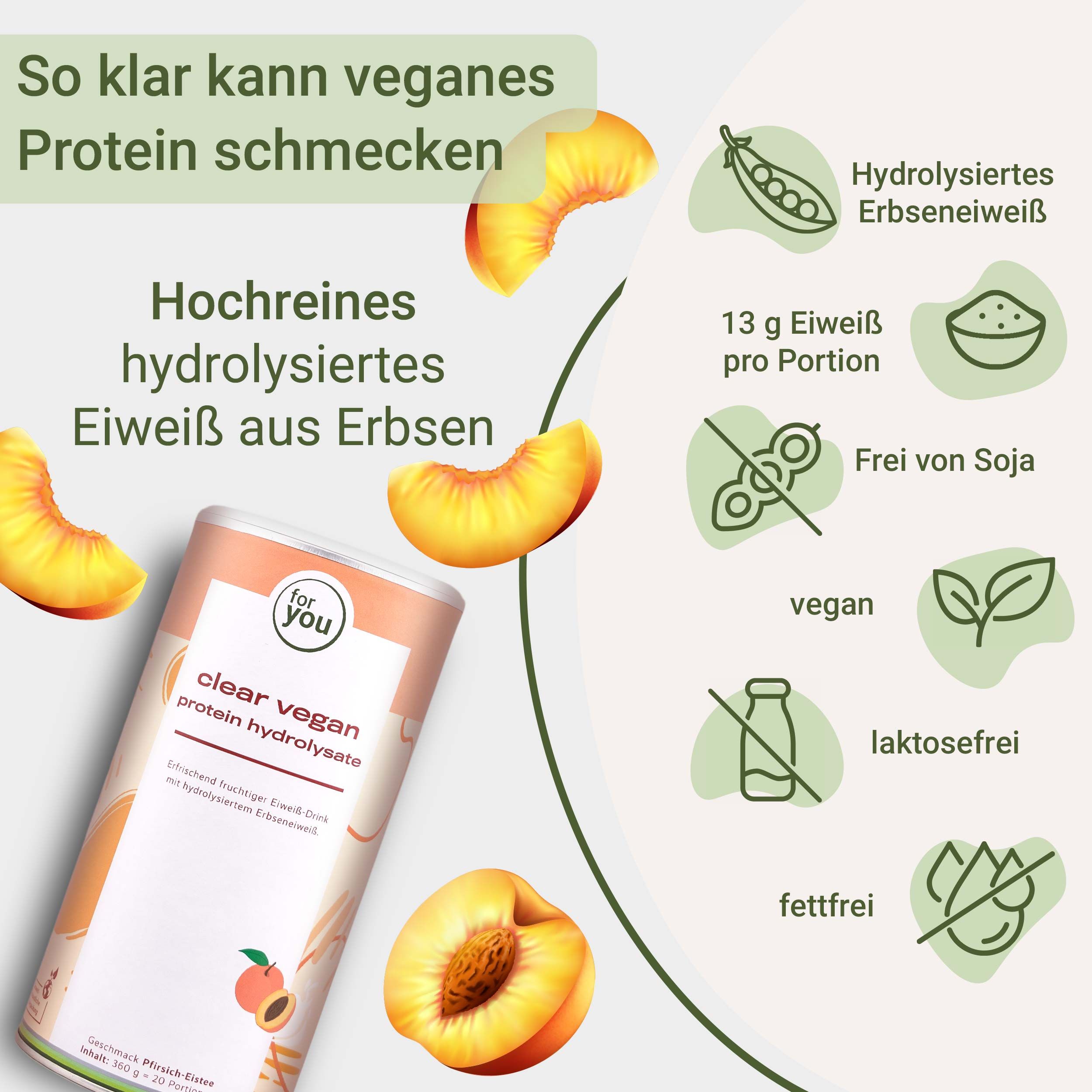 Dose mit 'for you clear vegan protein hydrolysate'. Pfirsichstücke. Text: Hochreines hydrolysiertes Eiweiß aus Erbsen. Vegan, laktosefrei, fettfrei.
