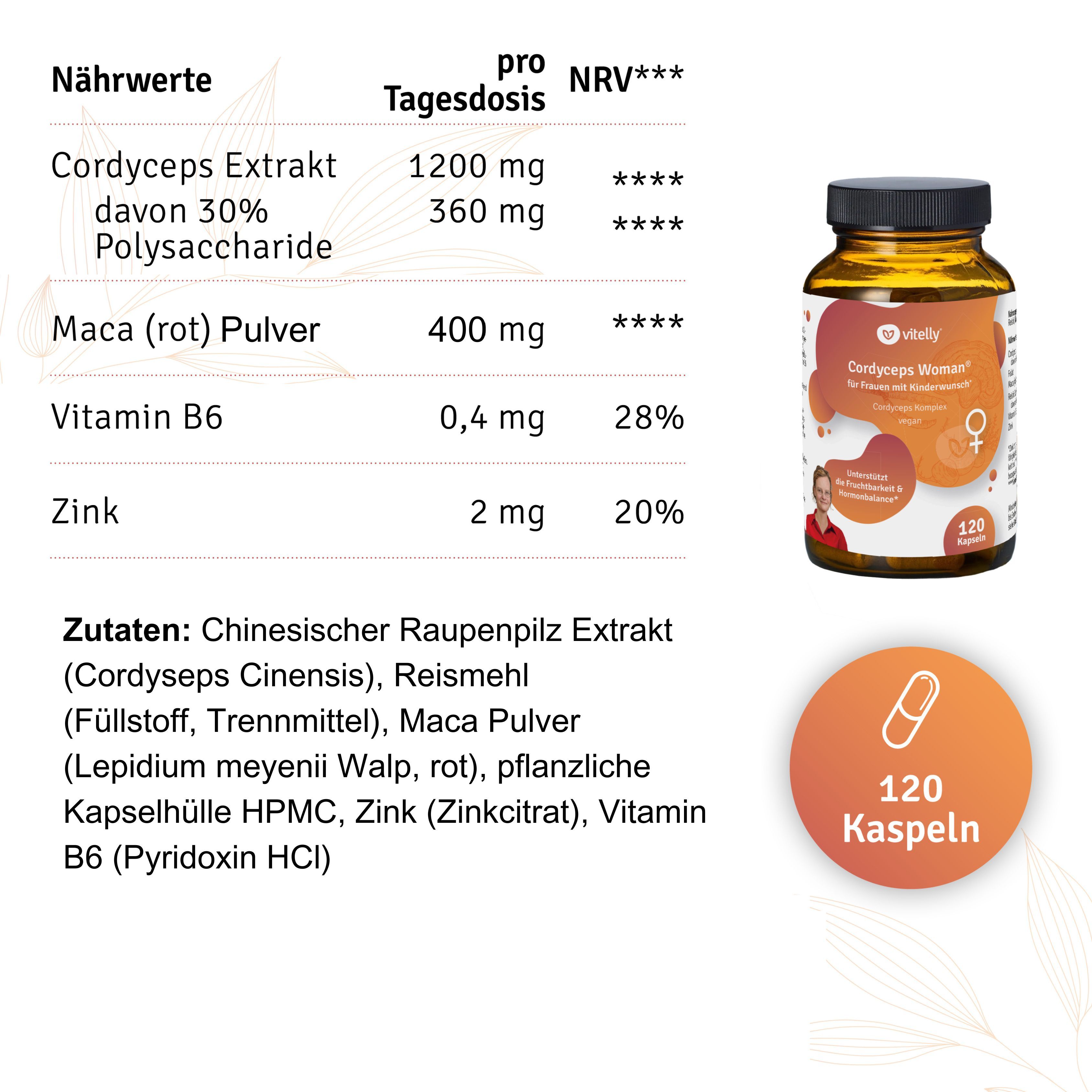 vitelly Cordyceps Woman® Zyklus Kapseln für Frauen mit Kinderwunsch ausreichend für einen Monat!