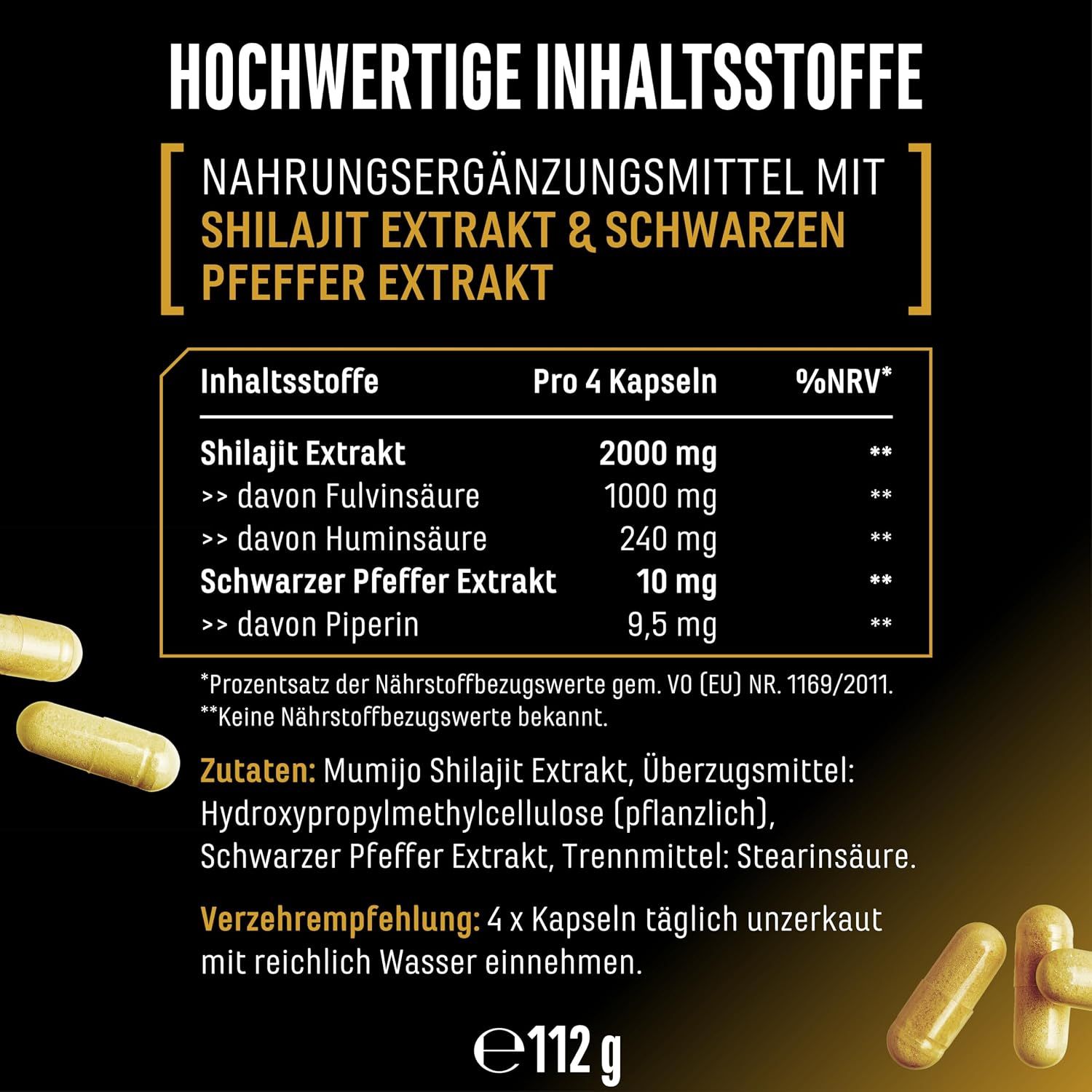 Nahrungsergänzungsmittel GEN Shilajit Max: Inhaltsstoffe und Verzehrempfehlung.