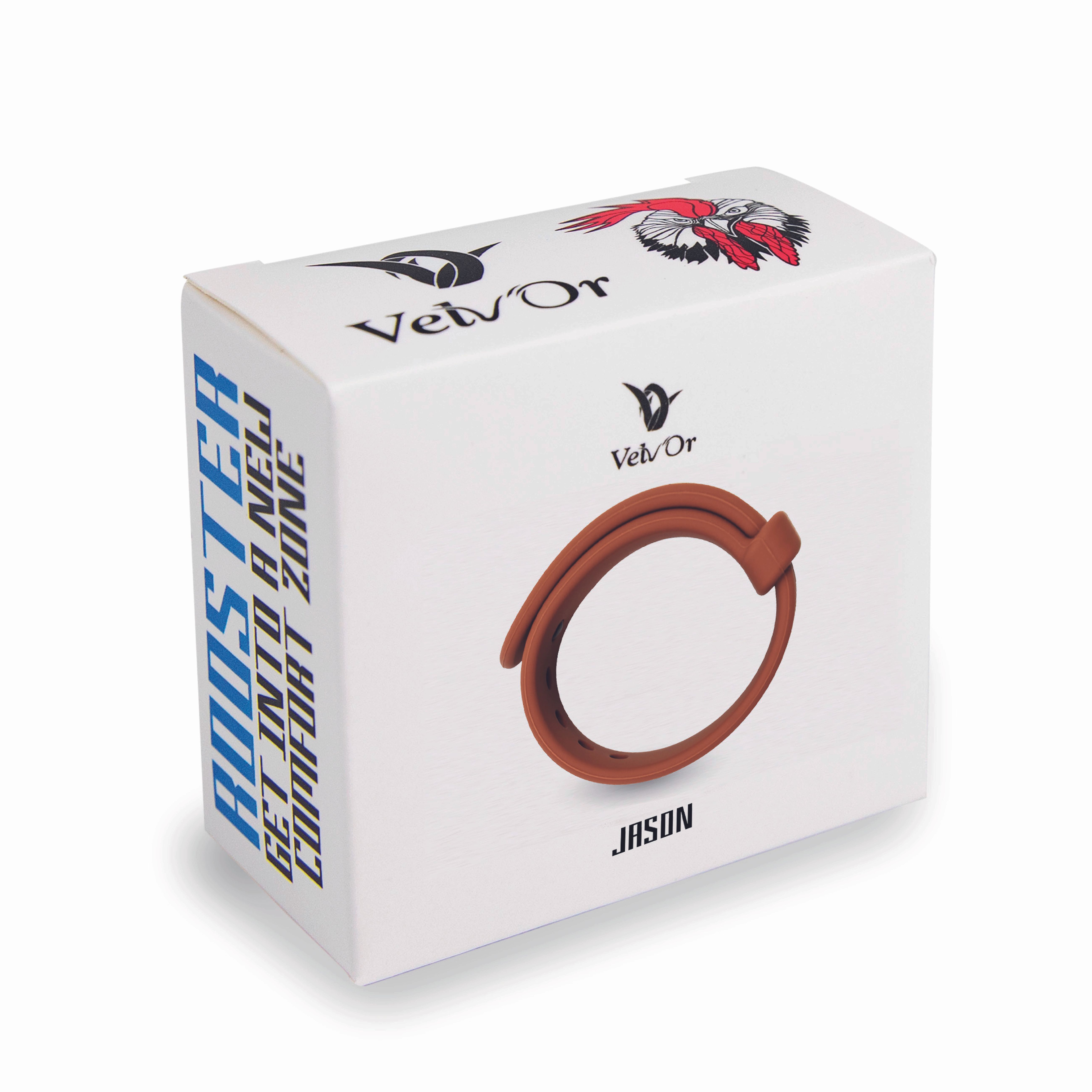 Verpackung des Penisrings. Weißer Karton mit Produktabbildung und Logo. Aufschrift: "ROOSTER GET INTO 8 NELI COMFORT ZONE".