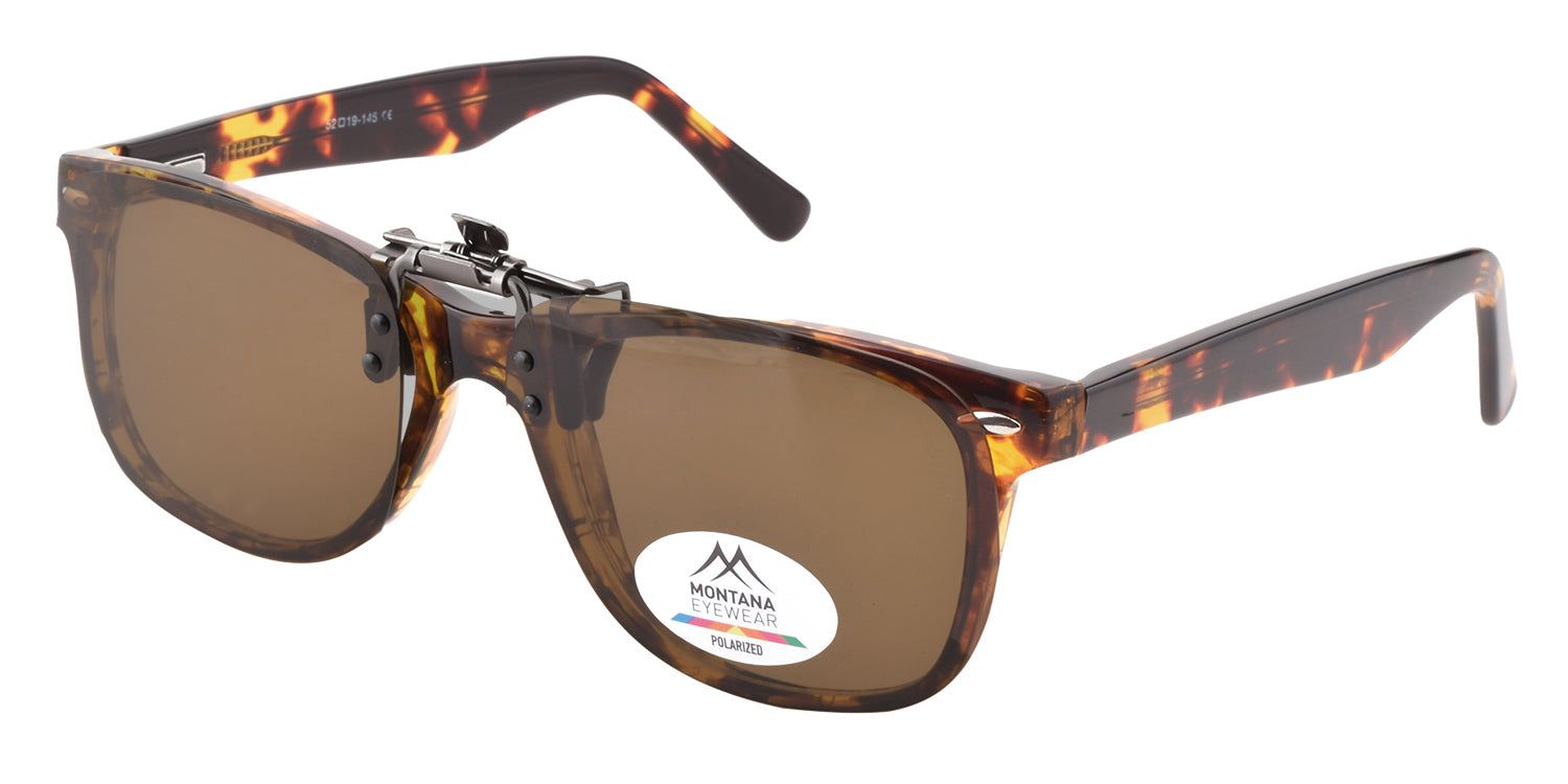 Montana Eyewear Tofino Clip-on-Sonnenbrille. Braune Gläser, brauner Rahmen. Logo.