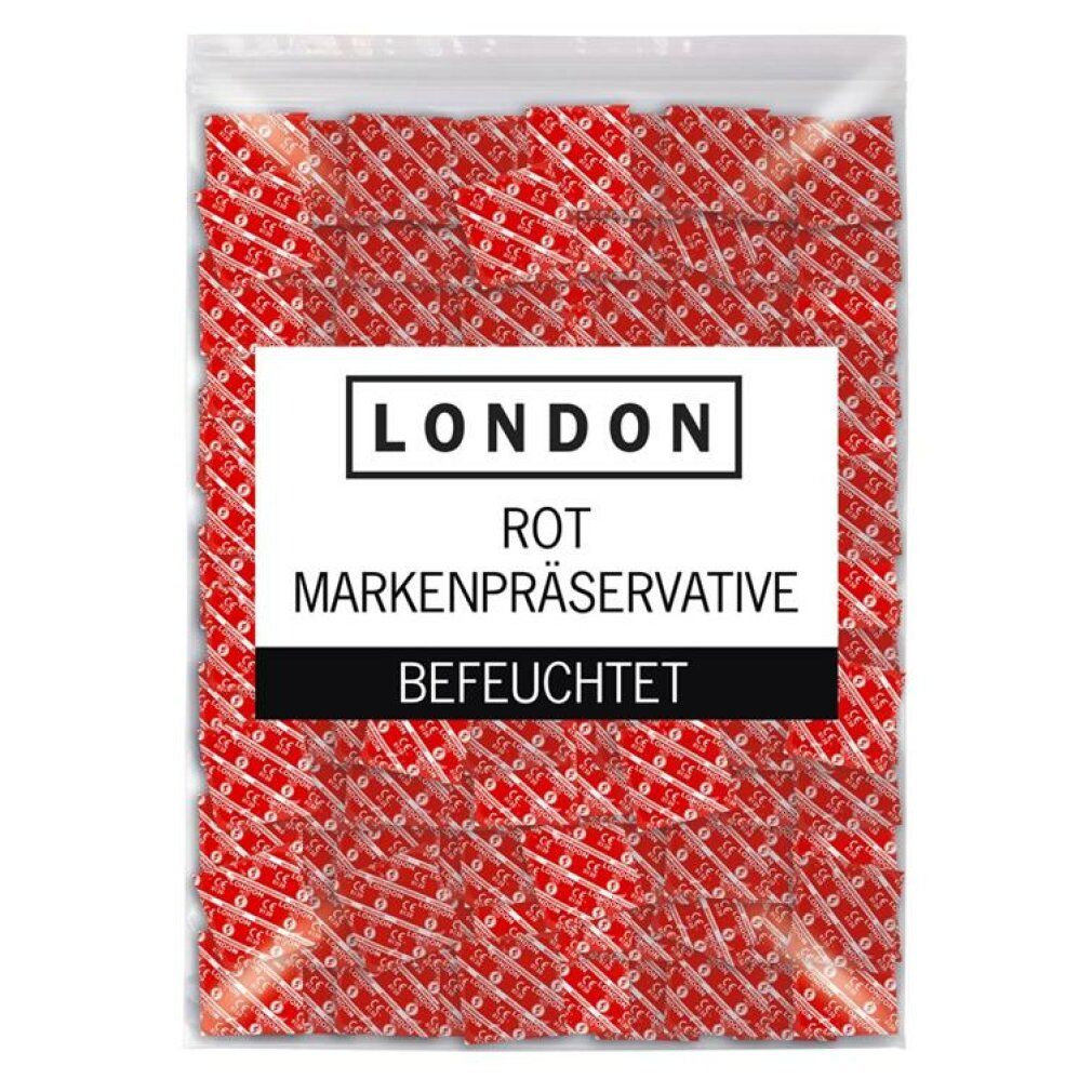 Verpackung mit vielen roten Kondom-Päckchen. Aufschrift: LONDON ROT MARKENPRÄSERVATIVE BEFEUCHTET.