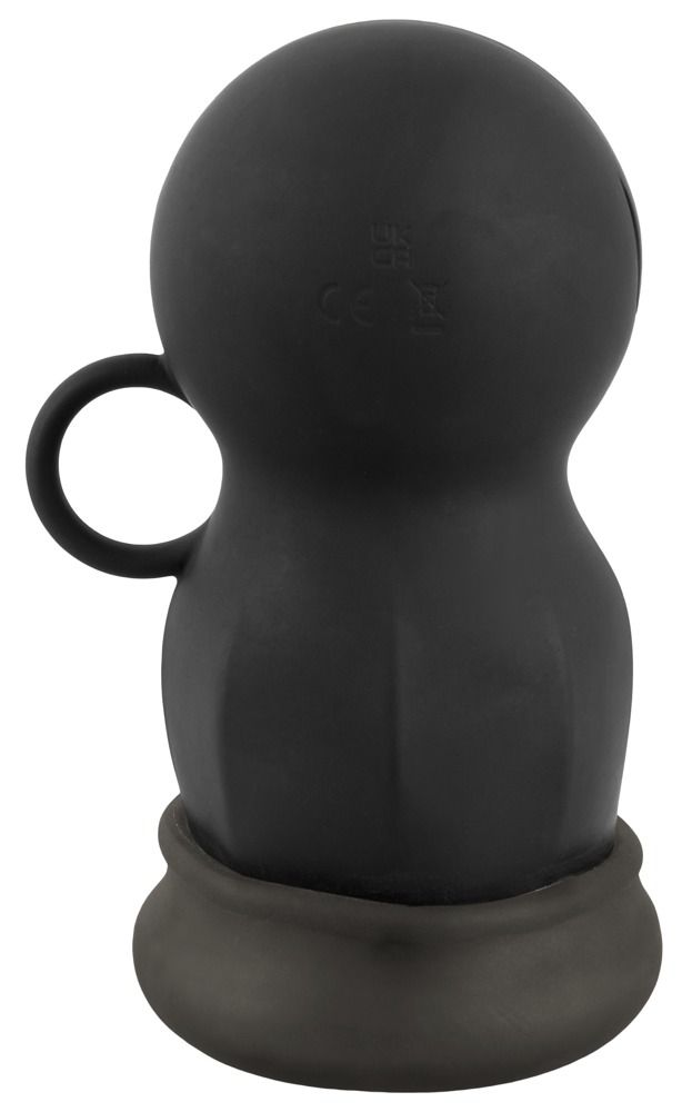 Schwarzes Wellness-Produkt mit Griff und Sockel. Oben Logo und Knöpfe. Runde Form.