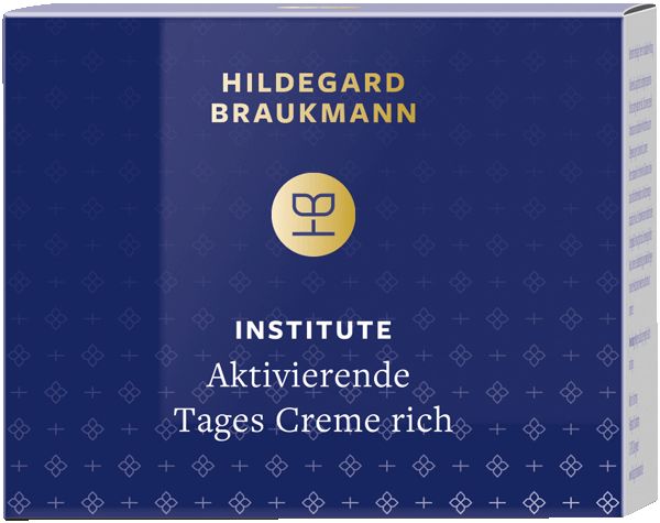 Creme-Tiegel mit blauem Deckel. Aufschrift: Hildegard Braukmann, Institute, Aktivierende Tages Creme rich, Activating Rich Day Cream.