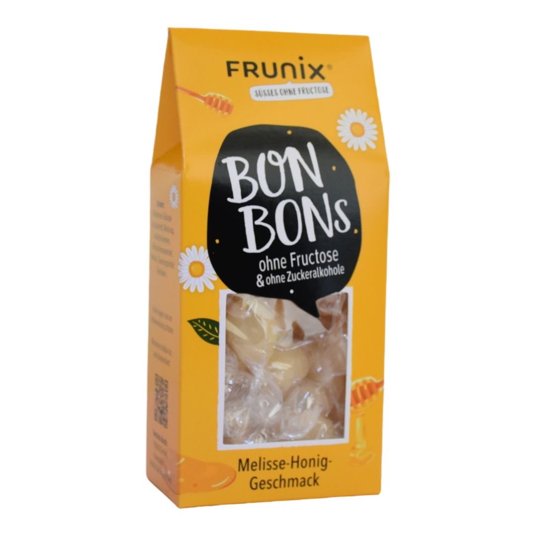 Gelbe Verpackung mit Bonbons. Aufschrift: BON BONS ohne Fructose & ohne Zuckeralkohole. Geschmack: Melisse-Honig.