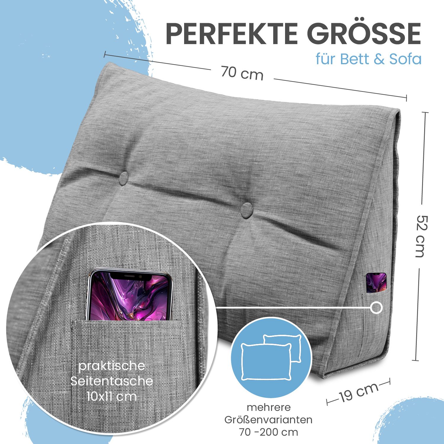 Graues Rückenkissen mit Knöpfen, Seitentasche und Größenangaben. Maße: 70x52x19 cm. Text: Perfekte Größe.