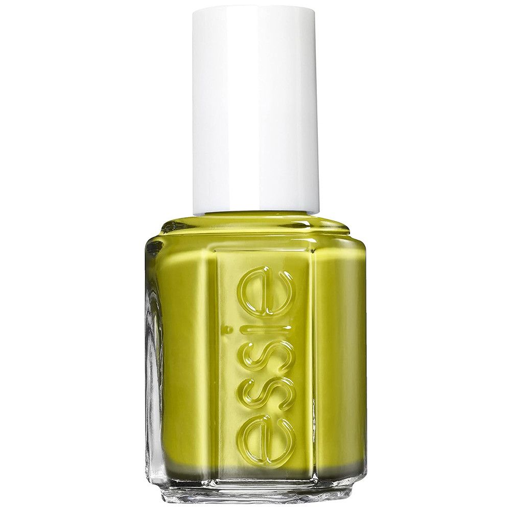 Essie Nagellackflasche in leuchtendem Gelbgrün mit weißem Deckel.