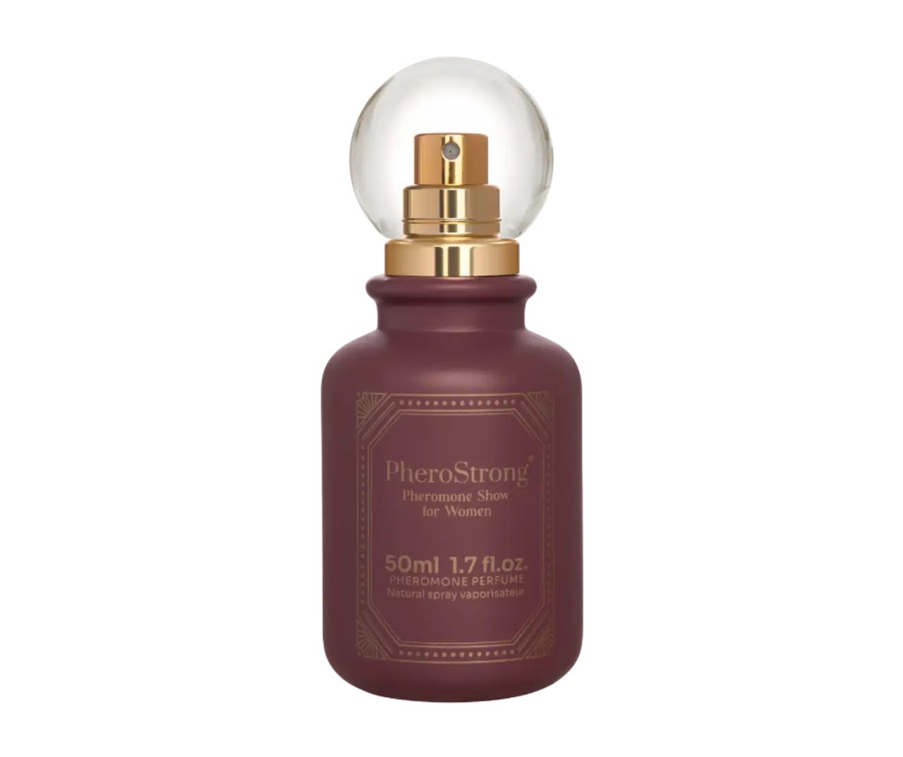 Burgunderrote Flasche mit goldenem Sprühkopf. Produktname und Text auf der Flasche. Klarglas-Kugel auf dem Sprühkopf.
