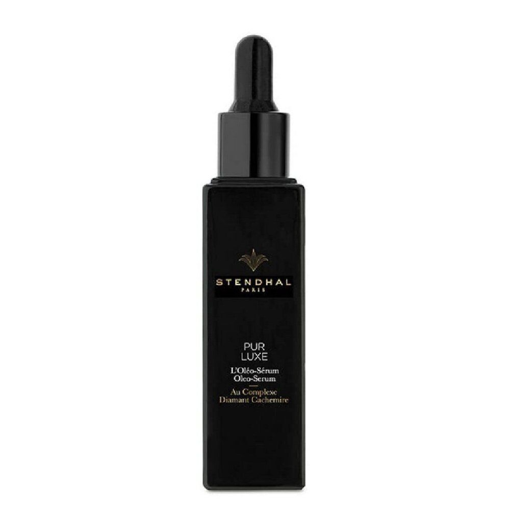 Schwarze Flasche mit Pipette. Aufschrift: Stendhal Paris, PUR LUXE, L'Oleo-Serum, Au Complexe, Diamant Cachemire.