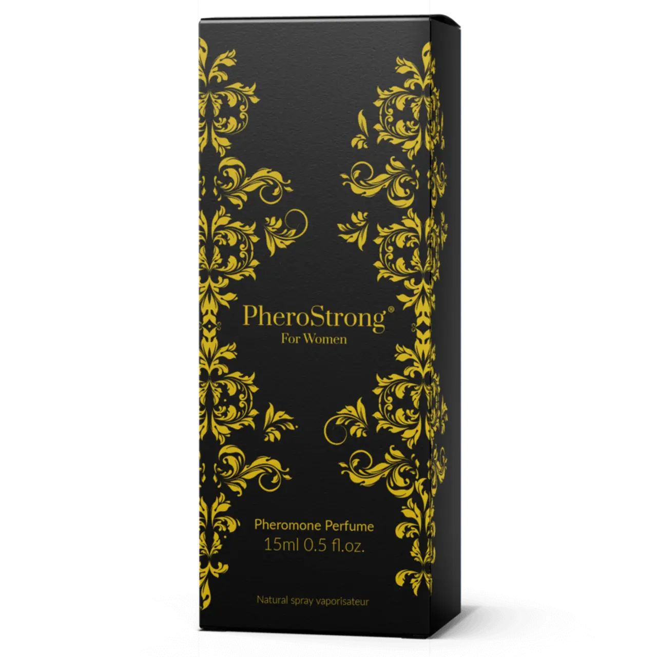 Schwarze Verpackung mit goldenen Ornamenten. Schriftzug: PheroStrong For Women. Pheromon-Parfüm, 15ml 0,5 fl.oz.