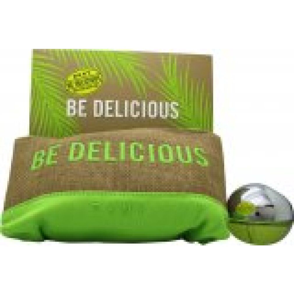 Geschenkset mit Karton, Beutel und Flakon. Aufschrift "BE DELICIOUS". Flakon rund, grün. Beutel aus Leinen.
