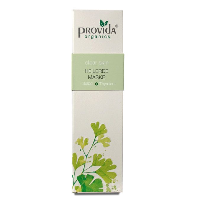 Verpackung der Provida Heilerde Maske. Aufschrift: clear skin, Heilerde Maske, Salbei & Thymian. Logo: Provida organics.