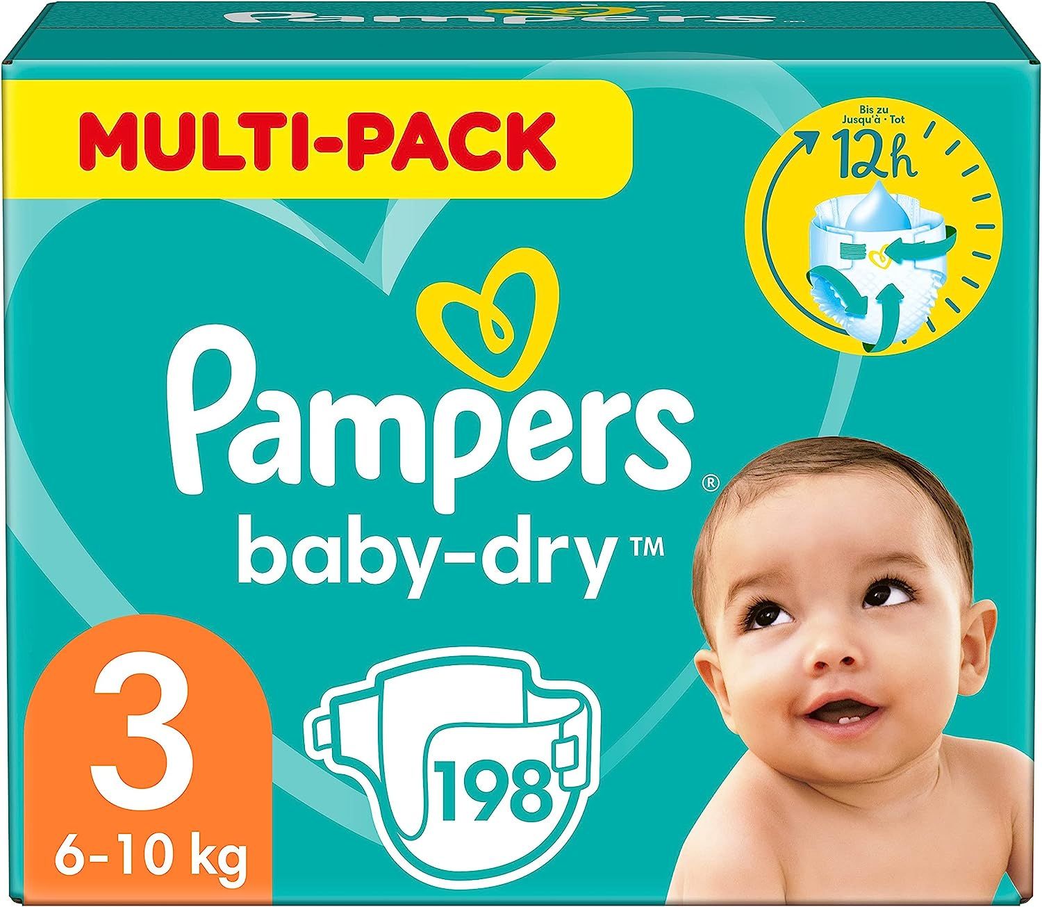 Confezione Pampers Baby-Dry taglia 3 (6-10 kg). Illustrazione di bambino e informazioni sul prodotto sulla confezione.