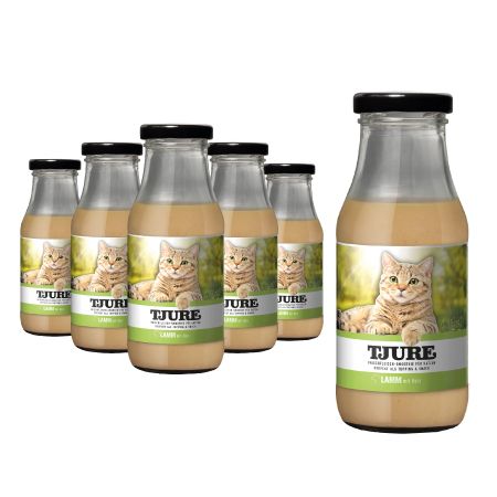 Sechs Flaschen Tjure Katze Lamm Sixpack. Glasflaschen mit schwarzem Deckel und Etikett mit Katze. Inhalt hellbraun.