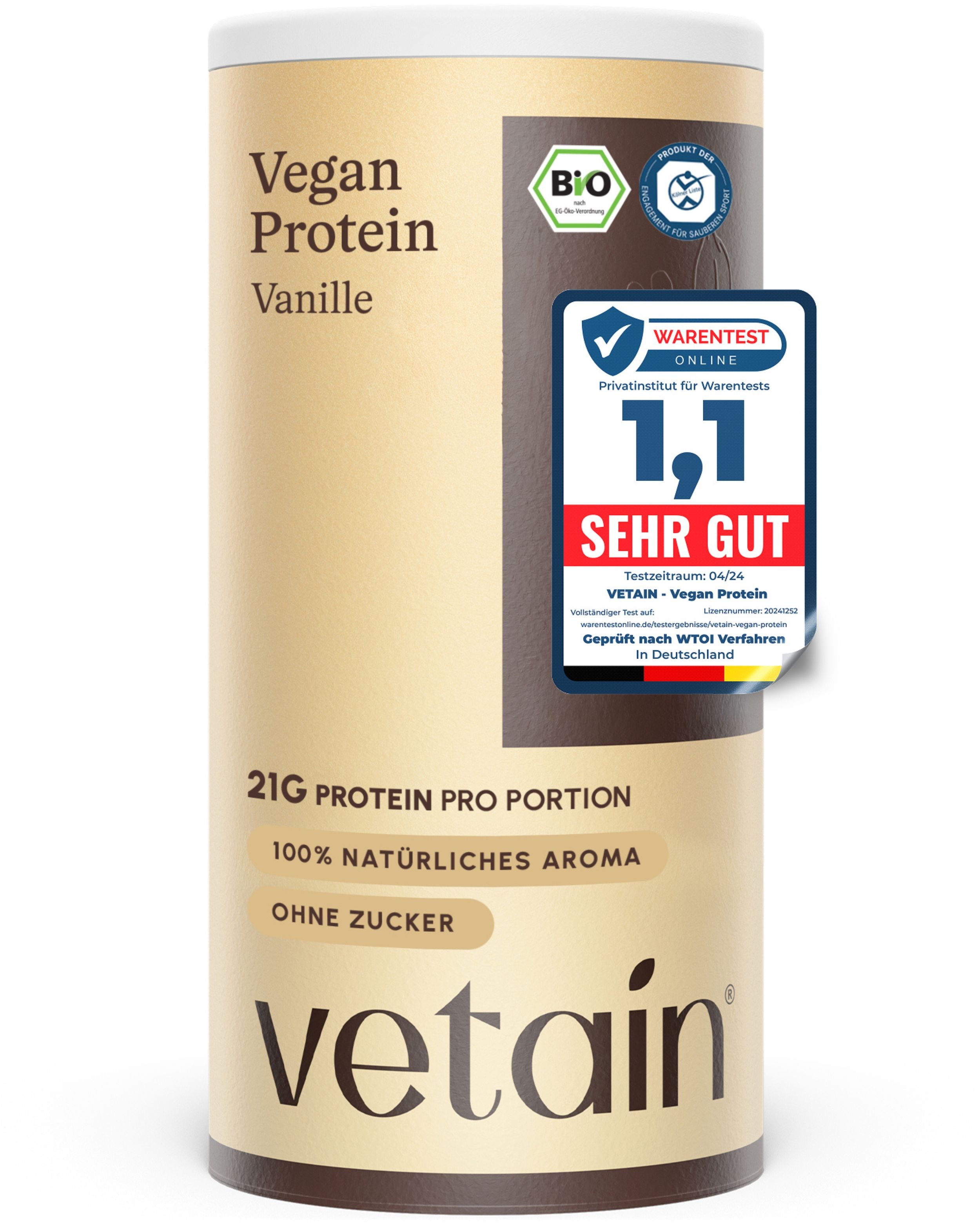 Dose Vetain Vegan Protein Vanille. 21g Protein pro Portion, 100% natürliches Aroma, ohne Zucker. Auszeichnung 'Sehr Gut'.