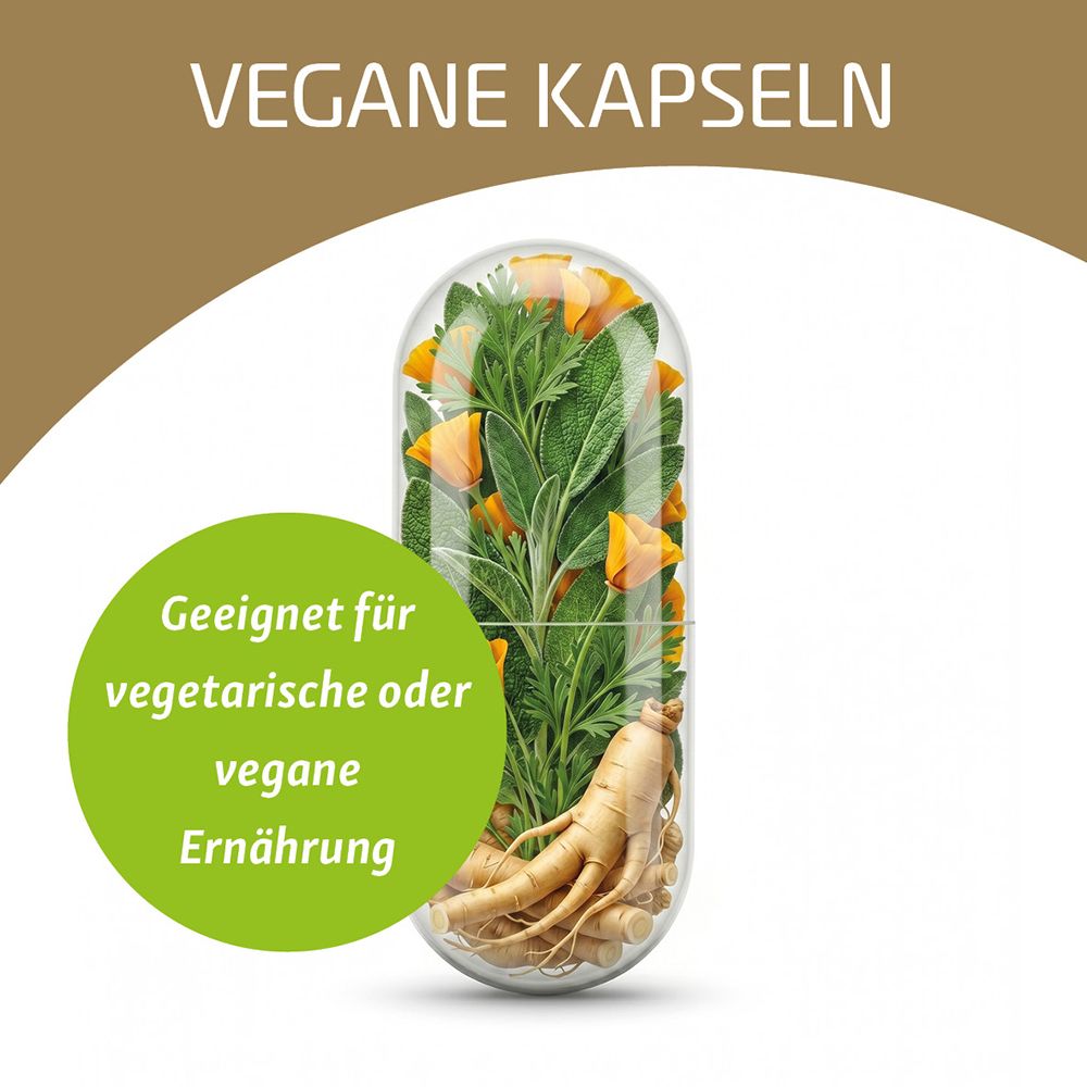 Vegane Kapsel mit Pflanzen. Text: Geeignet für vegetarische oder vegane Ernährung.