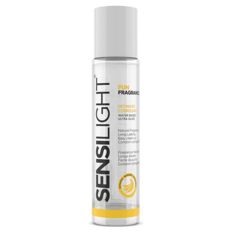 Zylindrische Flasche mit weißem Deckel. Aufschrift SENSILIGHT, FUN FRAGRANCE, INTIMATE LUBRICANT. Gelbe Basis mit Bananen-Logo.