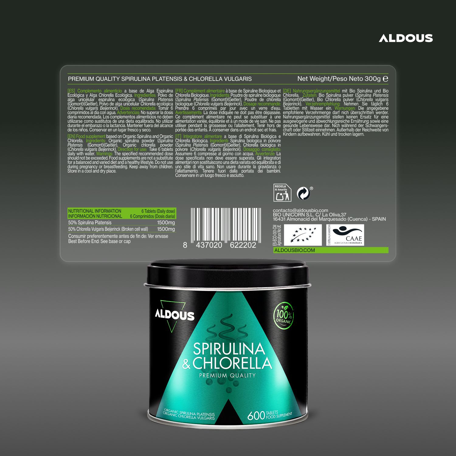 Rückseite einer Aldous Bio Spirulina & Chlorella Dose mit Nährwertangaben.