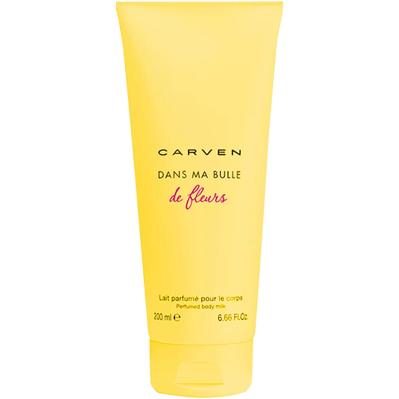 Gelbe Tube mit "Carven Dans Ma Bulle de Fleurs"-Schriftzug. "Lait parfumé pour le corps" und Volumenangabe.