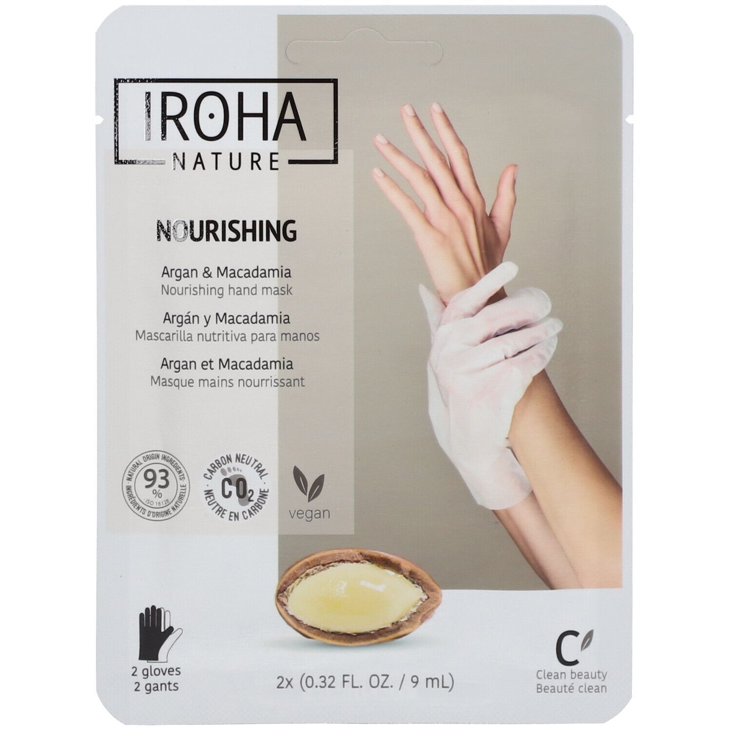 Verpakking van IROHA NATURE handmasker met arganolie. Afbeelding van handen met handschoenen, argan-noot, logo's, tekst. Vegan, CO2-neutraal.