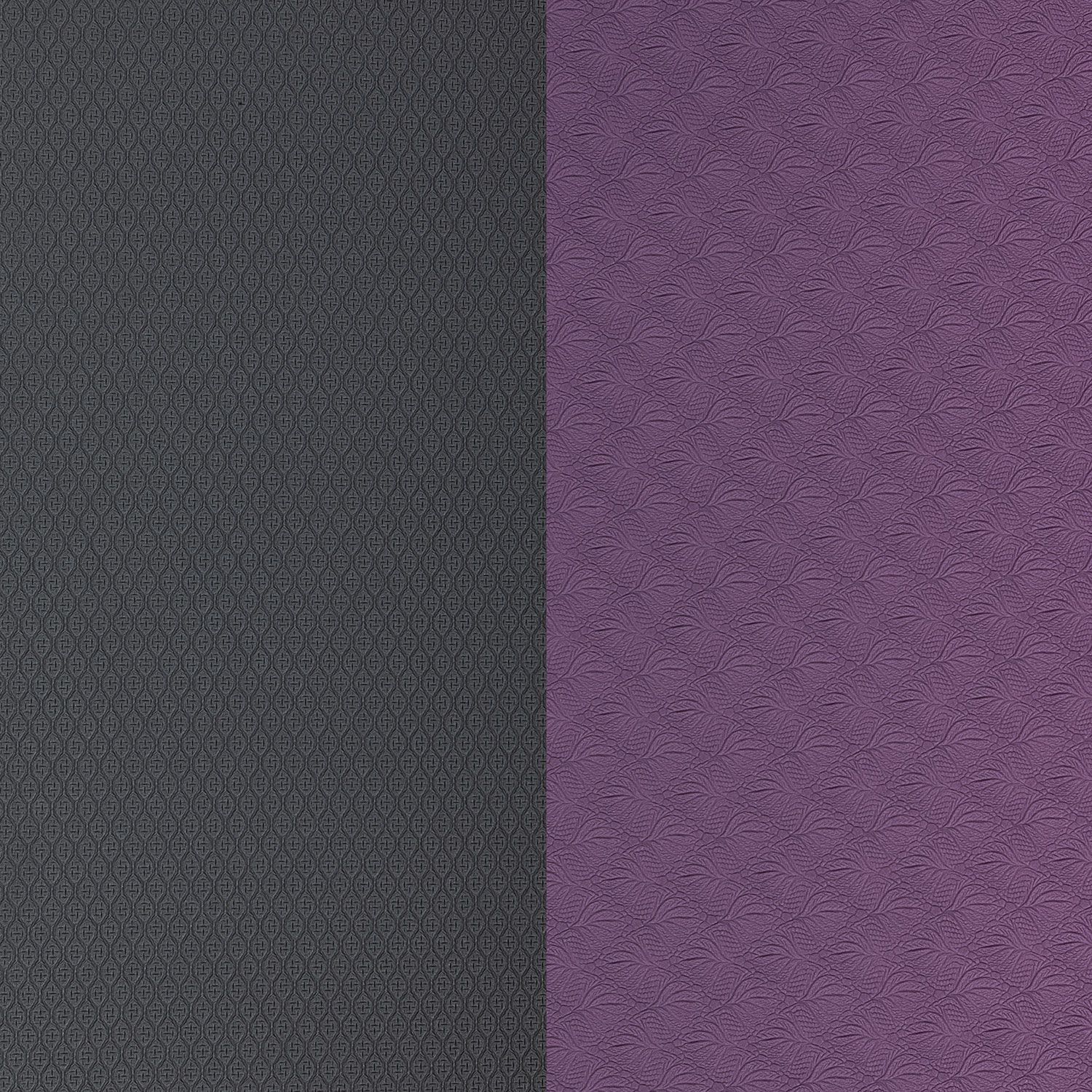 Zwei nebeneinanderliegende Oberflächen. Links grau, strukturiert. Rechts violett, gemustert.