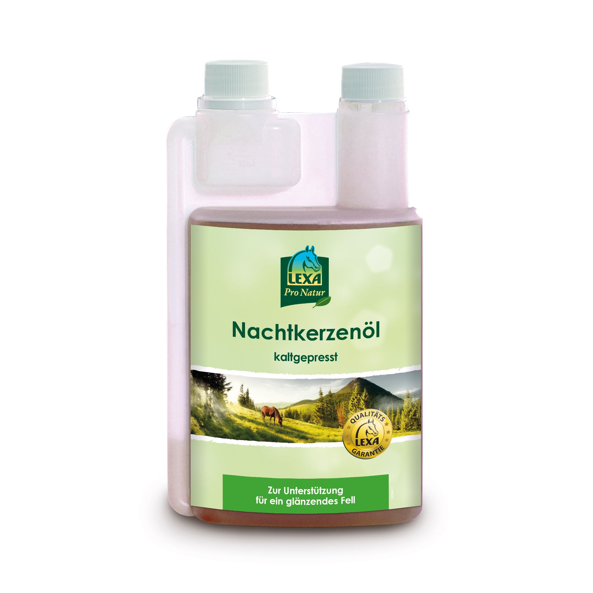 Flasche mit Etikett. Aufschrift: Nachtkerzenöl, kaltgepresst. Logo: LEXA Pro Natur. Goldene Qualitätsgarantie. Landschaft mit Pferd.