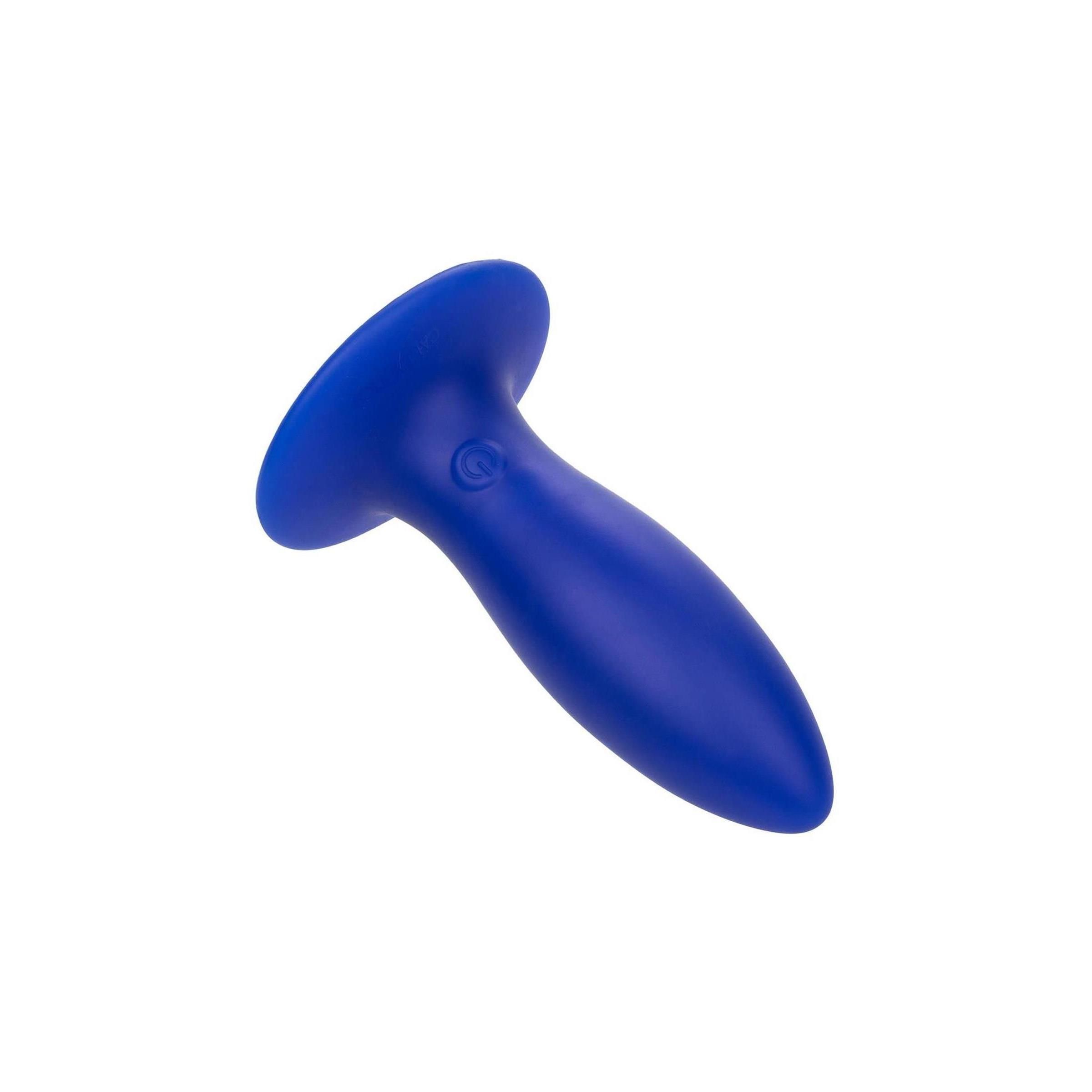 Blaues, torpedoförmiges Produkt. Abgerundete Spitze, breite Basis. Auf der Basis befindet sich ein Knopf.