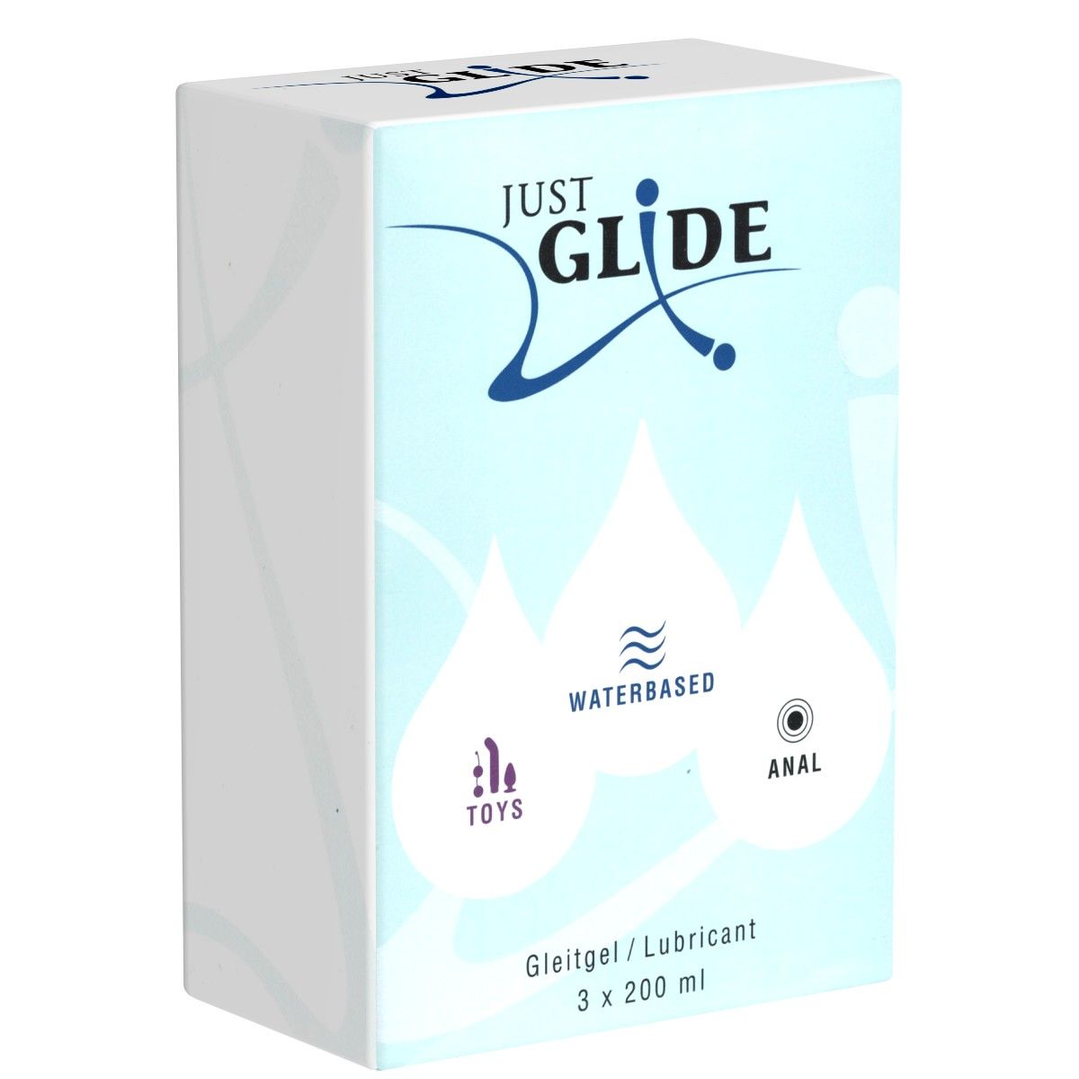 Karton JUST GLIDE, hellblau, mit Tropfen-Motiven. Enthält 3 x 200 ml Gleitgel.